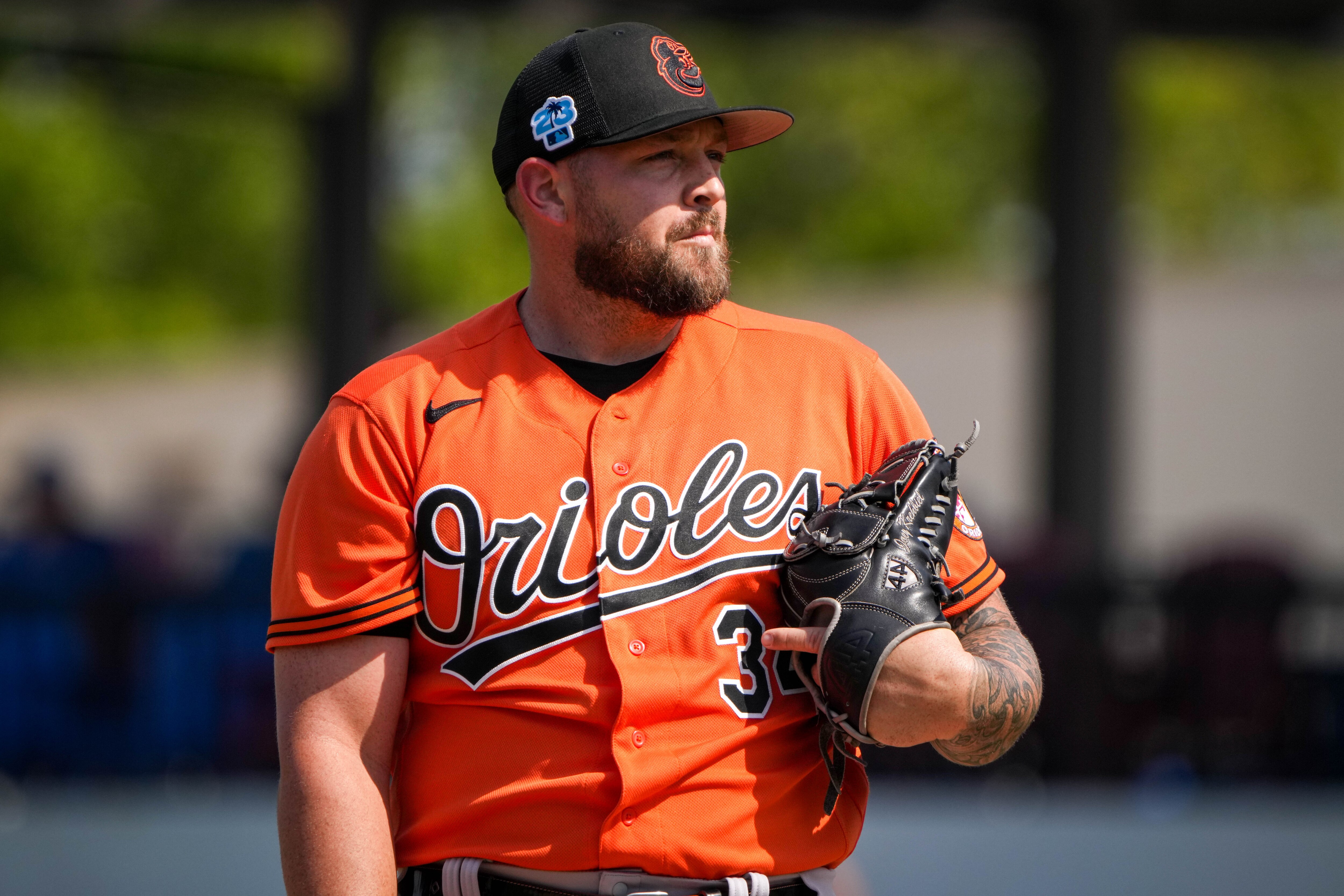 Joey Krehbiel (34) reacts to allowing multiple runs at Publix Field at Joker Marchant Stadium during the fifth inning of a game against the Detroit Tigers on 3/2/23. The Baltimore Orioles traveled to Lakeland to play the Tigers in the Florida Grapefruit League.