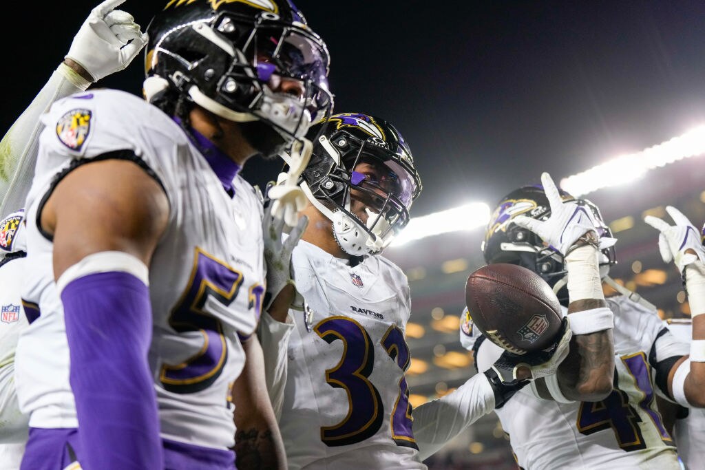 Marcus Williams, #32 of the Baltimore Ravens, celebrates with teammates after his interception during the fourth quarter against the San Francisco 49ers at Levi’s Stadium on Dec. 25, 2023 in Santa Clara, California. (Photo by Thearon W. Henderson/Getty Images)