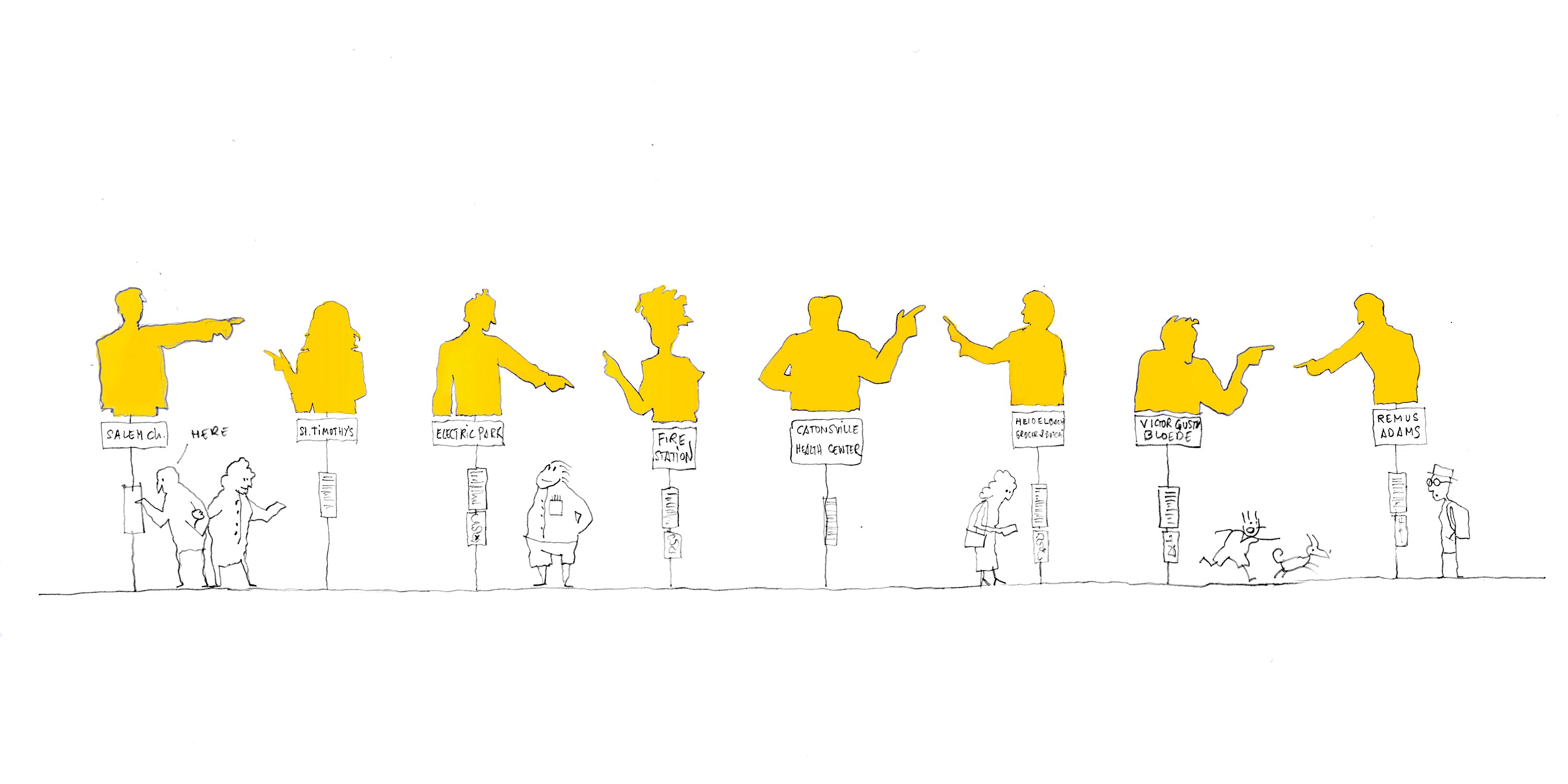 A concept design shows eight yellow silhouette signs with people standing below some of them.