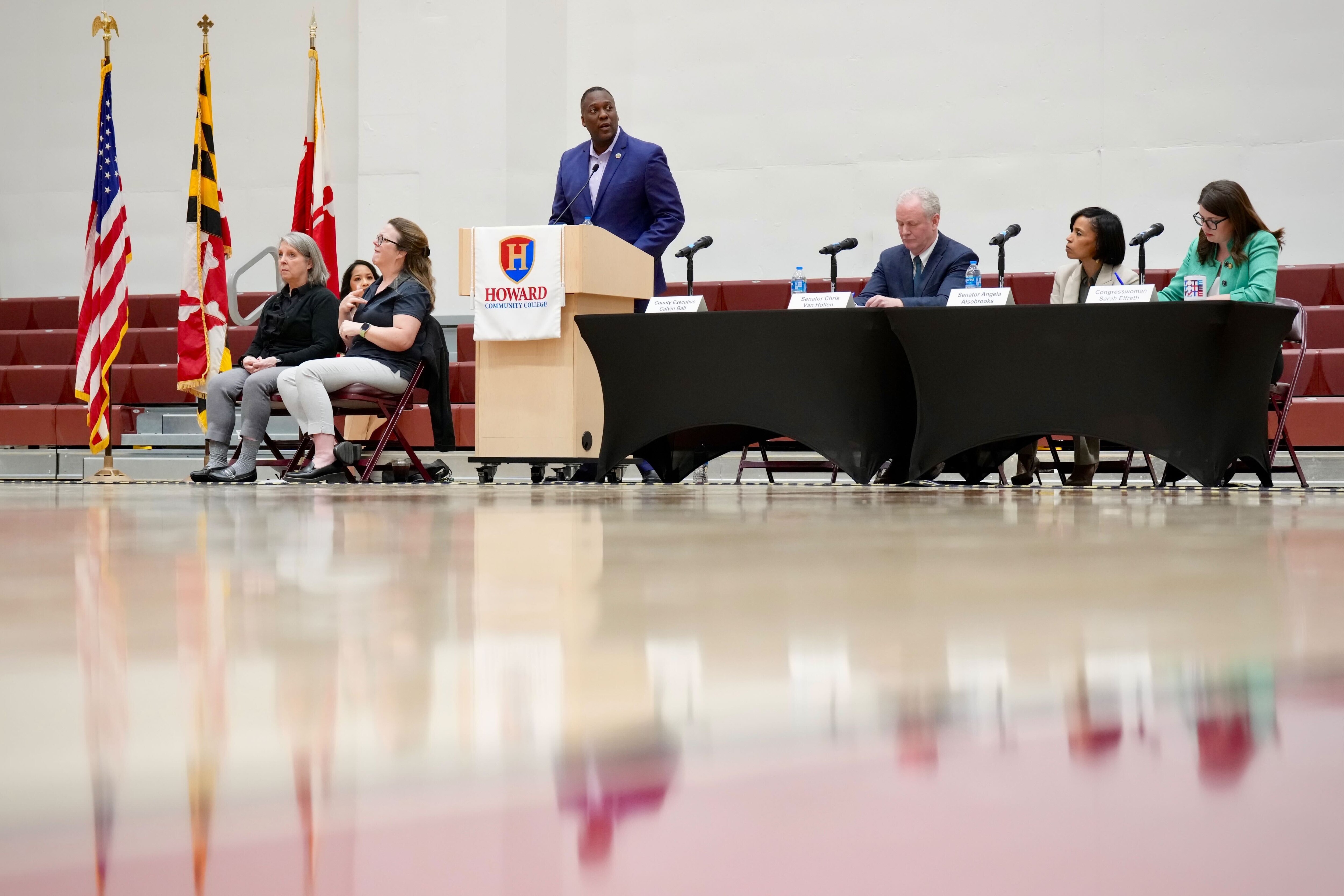 From left, Howard County Executive Calvin Ball, Sens Chris Van Hollen and Angela Alsobrooks, and Rep. Sarah Elfreth hold a hybrid town hall to hear how elected leaders are fighting back against the Trump administration, held at Howard Community College in Columbia, Md. on Tuesday, March 11, 2025.