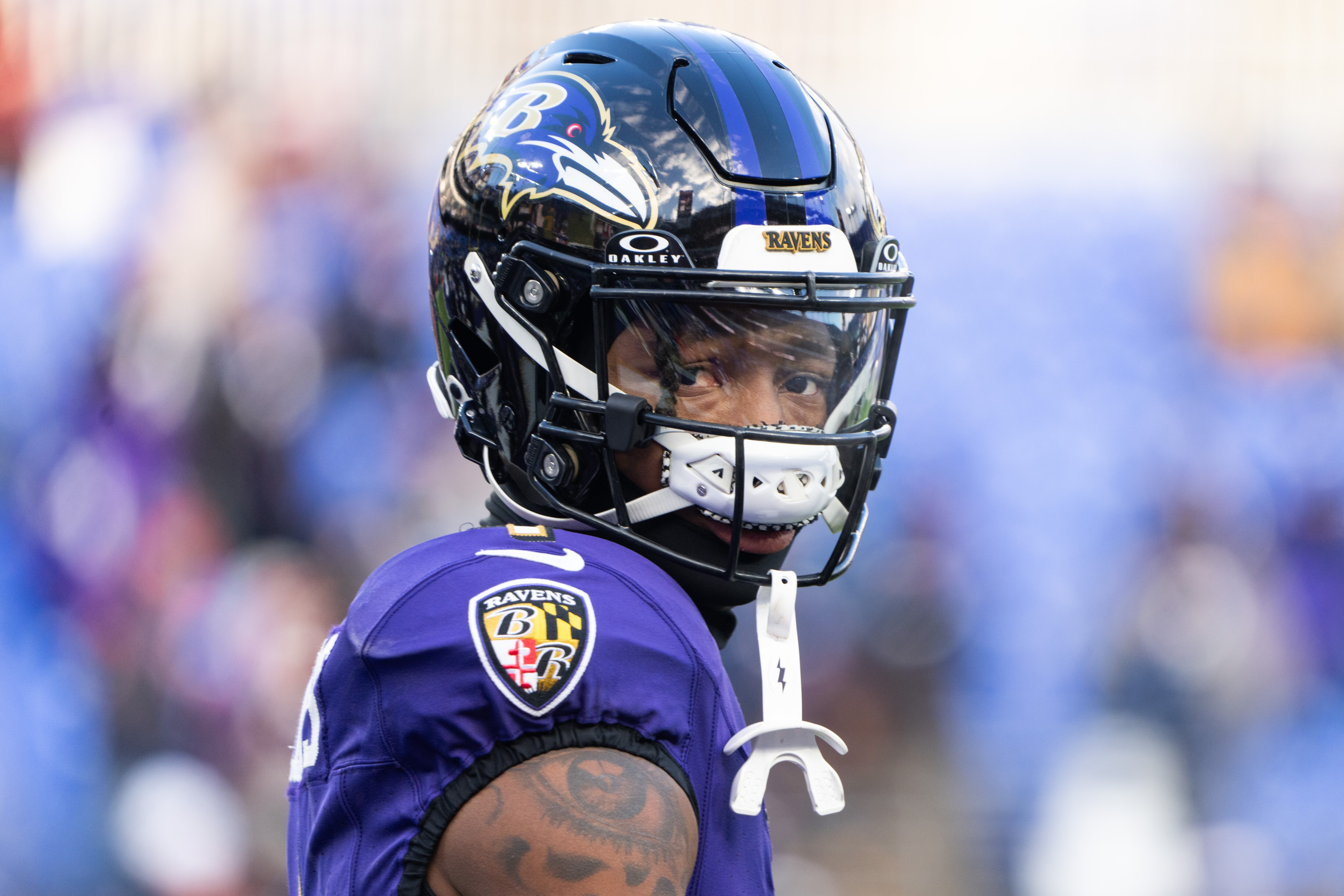Baltimore Ravens wide receiver Zay Flowers (4) is seen during warmups before the game against the Houston Texans at M&T Bank Stadium on Saturday, Jan. 20, 2024.