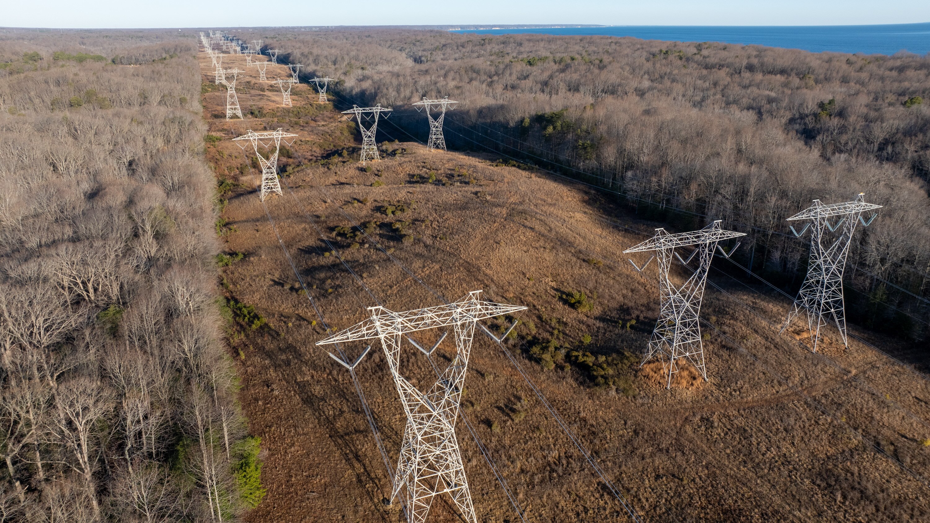Transmission lines travel north from Calvert Cliffs Clean Energy Center, Constellation’s nuclear power plant in Lusby, Maryland.