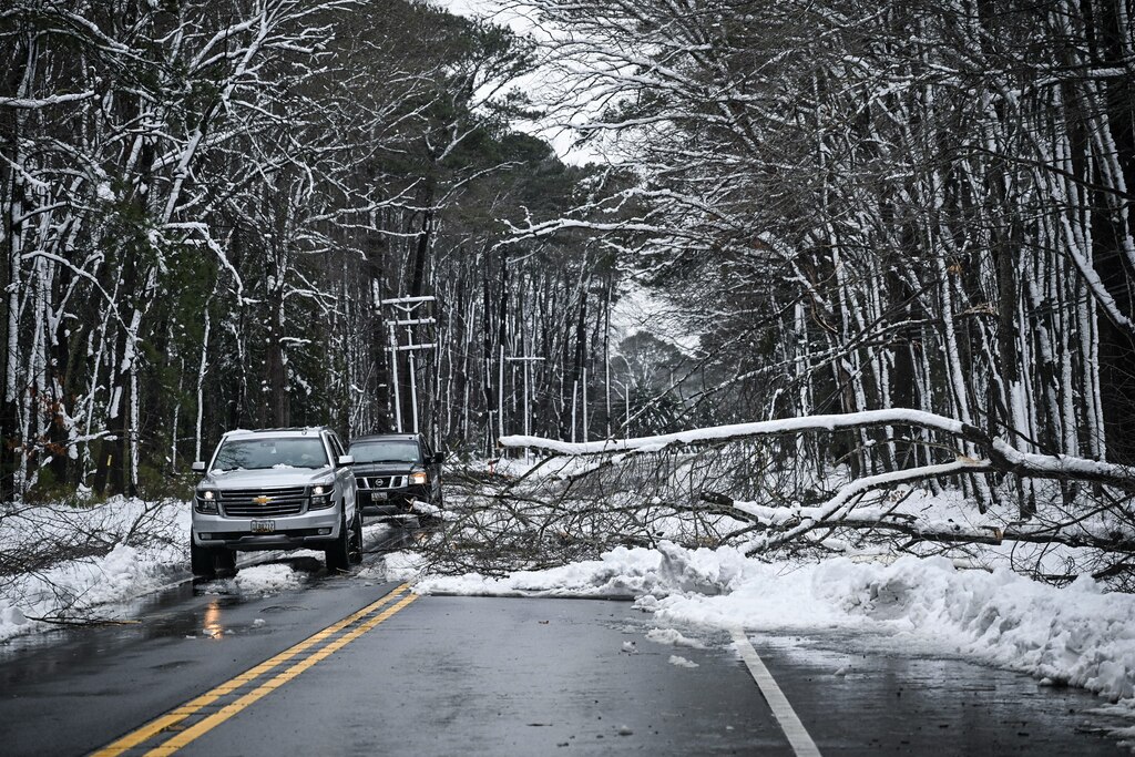 Drivers navigate around downed trees on Stephen Decatur Highway near Berlin following heavy snow and high winds associated with Monday’s storm.