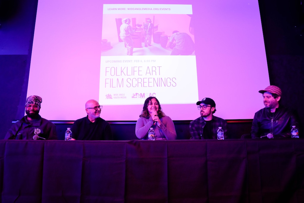 From left: Panelists Tahir Juba, Angel Rivera, Kamaria Avery, Ben Loviglio-Wolf and David Sloan take questions from the audience during Wide Angle Youth Media’s Folklife Art documentary series screening at their headquarters in Baltimore, Md., on Friday, February 6, 2026.