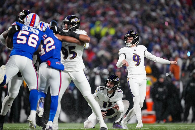 Baltimore Ravens place kicker Justin Tucker (9) kicks a field goal against the Buffalo Bills in a divisional round playoff game at Highmark Stadium in Orchard Park, NY. on Sunday, January 19, 2025.