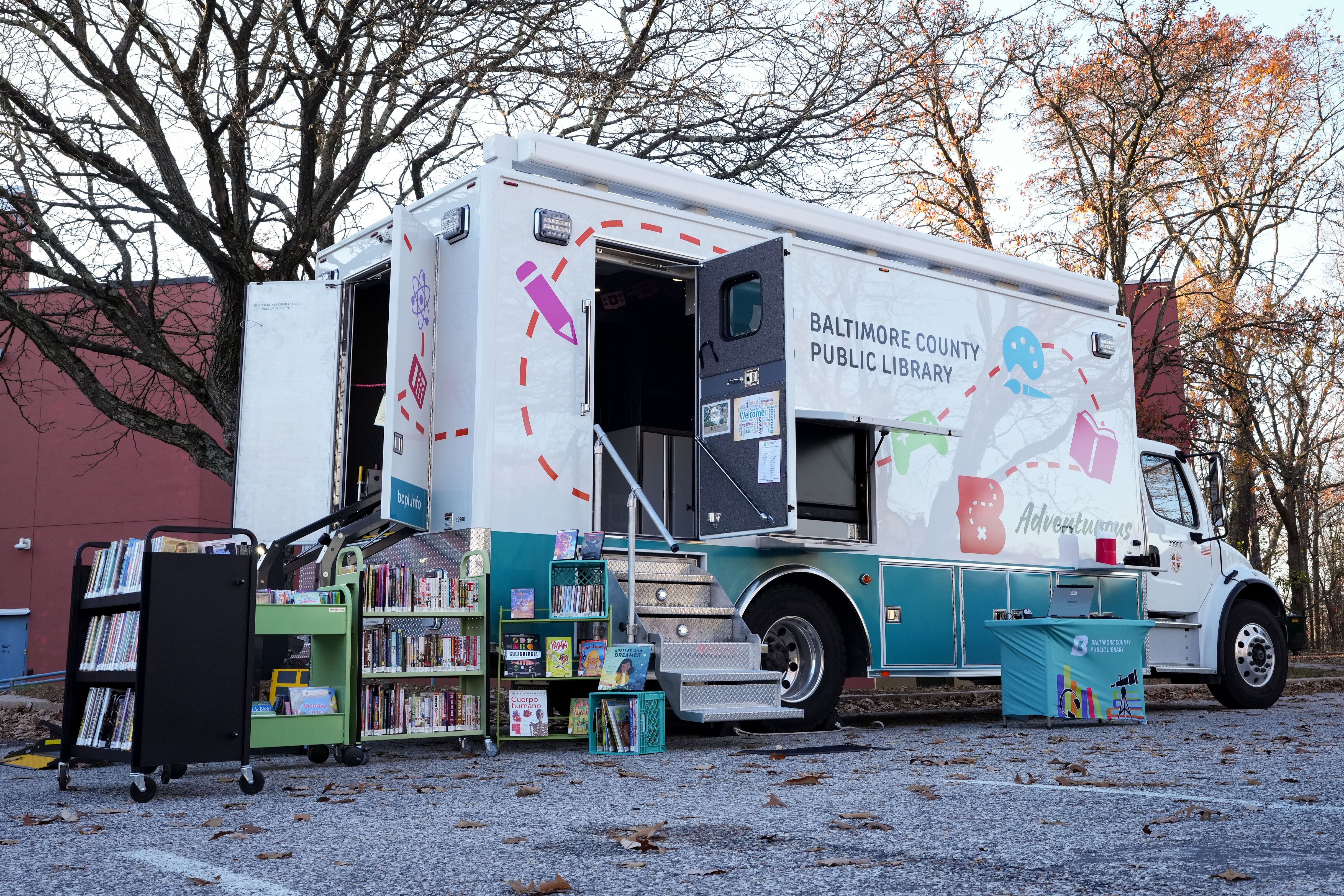 One of the Baltimore County Public Library System’s mobile library trucks is seen outside the branch in Rosedale, Md. on Tuesday, November 26, 2024.