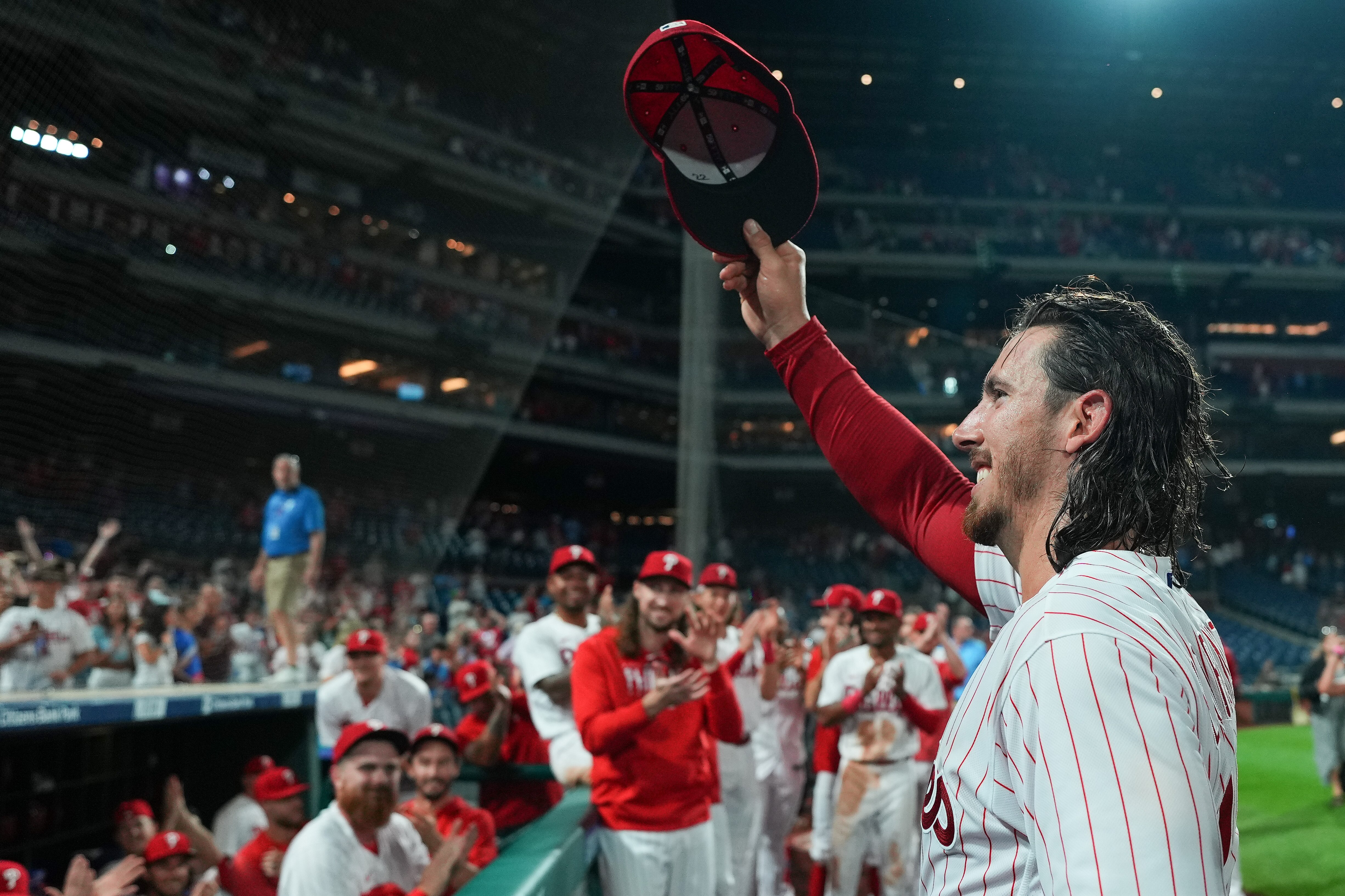 Michael Lorenzen of the Phillies salutes the crowd at Citizens Bank Park after he no-hit the Nationals.