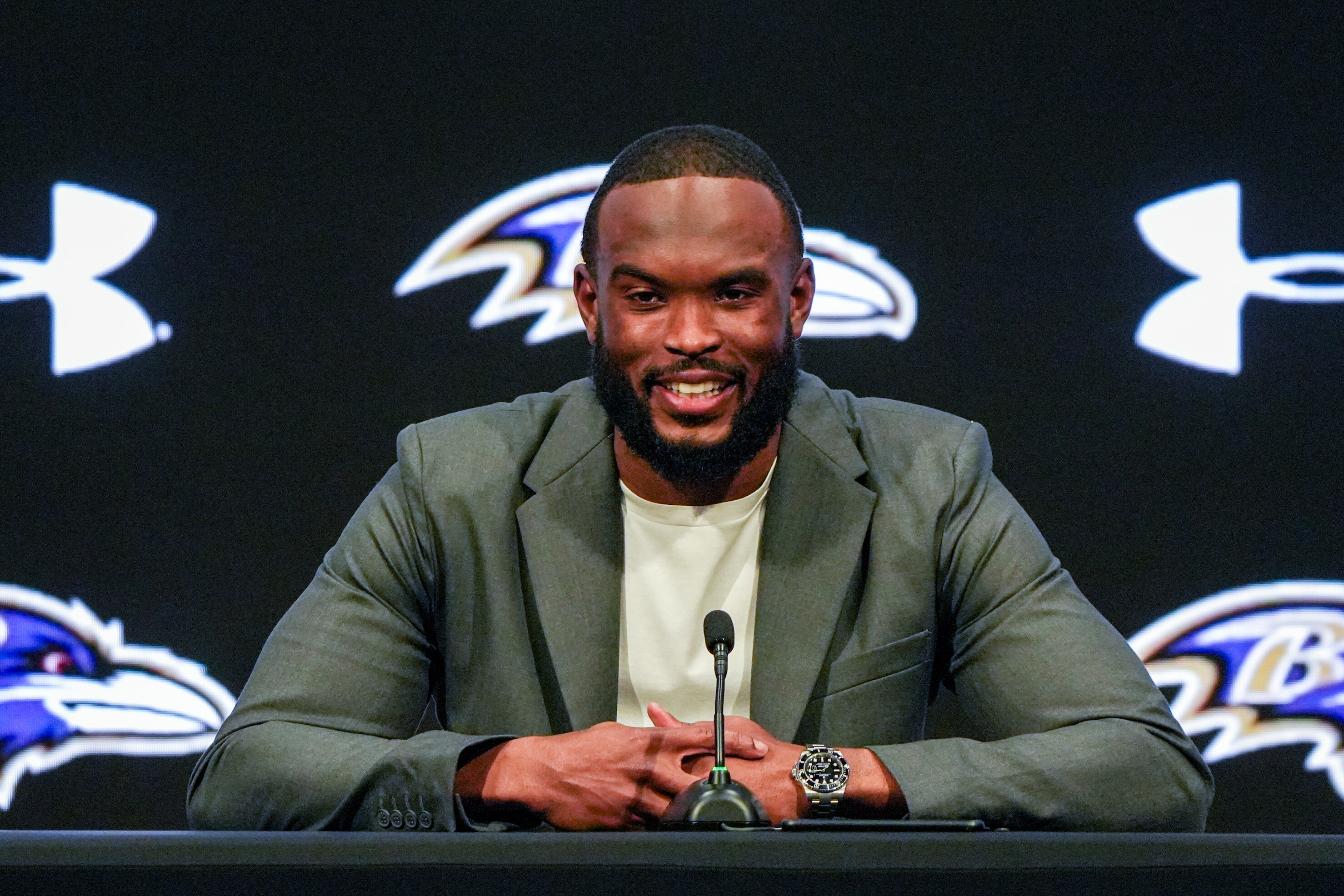 New Baltimore Ravens defensive coordinator Zach Orr takes questions from reporters at the Under Armour Performance Center in Owings Mills on Feb. 6, 2024.