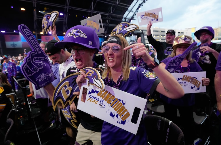 Baltimore Ravens fans cheer during the second round of the NFL football draft, Friday, April 24, 2026, in Pittsburgh.