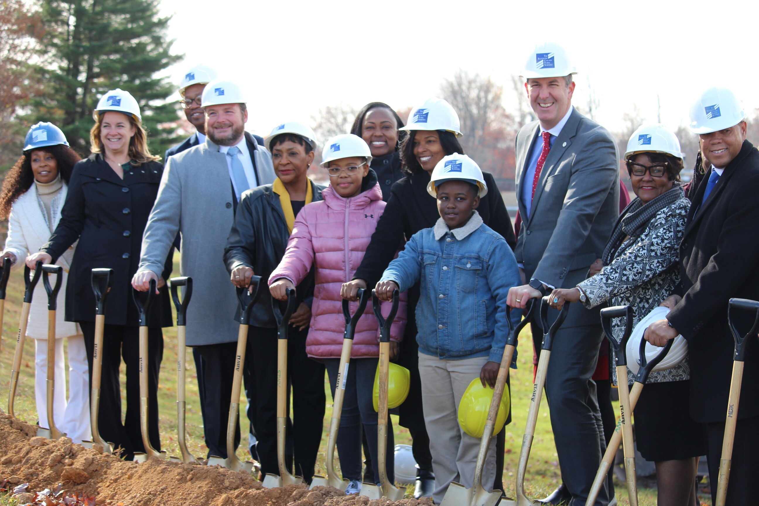 County and state leaders joined Deer Park students and staff to break ground on the $70.6-million-dollar project, wearing construction hats to mark the occasion. (Photo courtesy of Baltimore County Public Schools)
