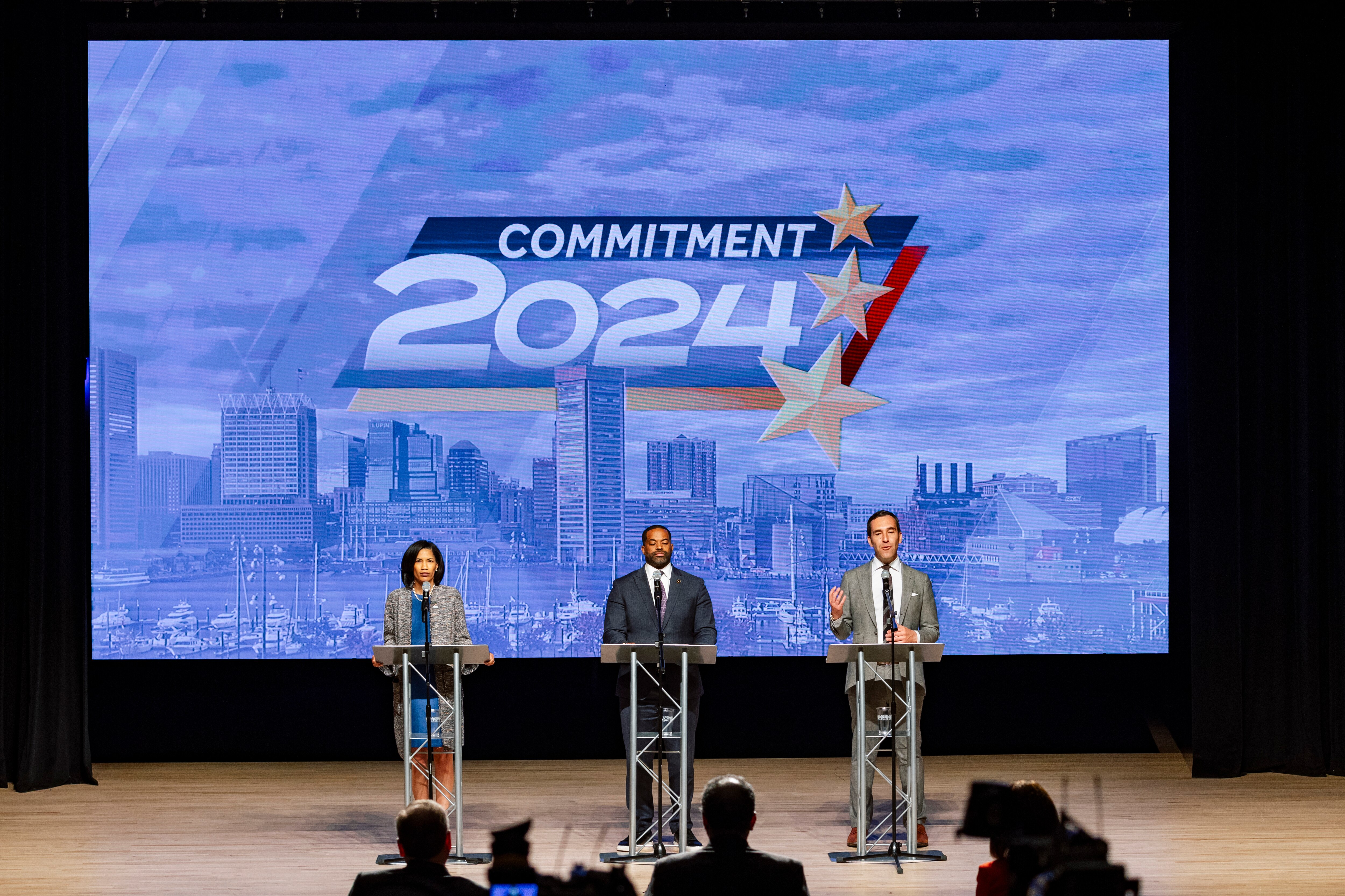From left, Baltimore City Council presidential candidate Shannon Sneed, incumbent Nick Mosby and candidate Zeke Cohen participate in a televised debate April 17.