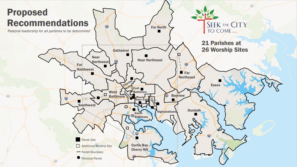 The Archdiocese of Baltimore would close churches and redraw the lines of parishes under a consolidation plan.