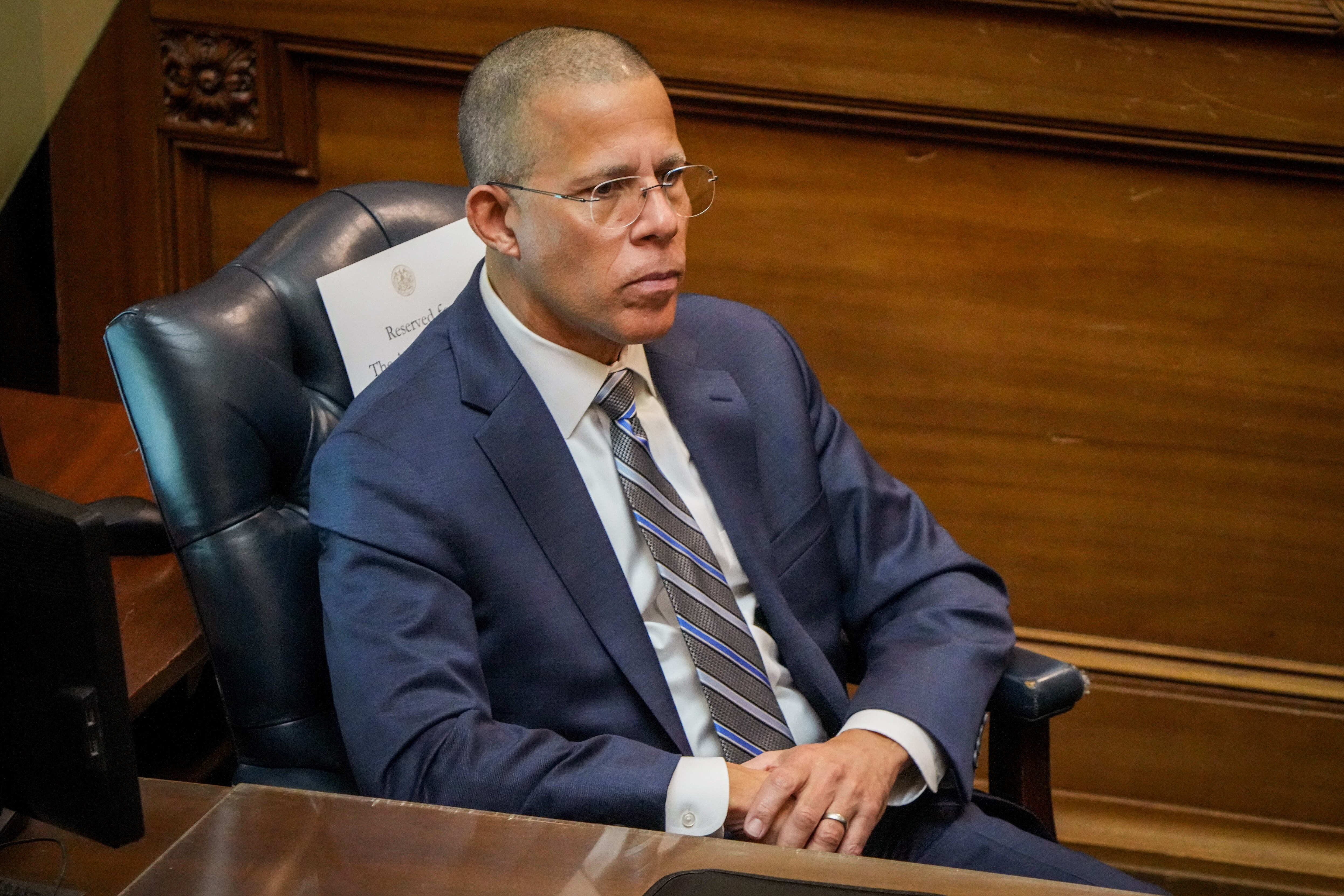 Maryland Attorney General Anthony Brown listens as Gov. Wes Moore delivers his second State of the State address in the Maryland State House on Feb. 7, 2024.