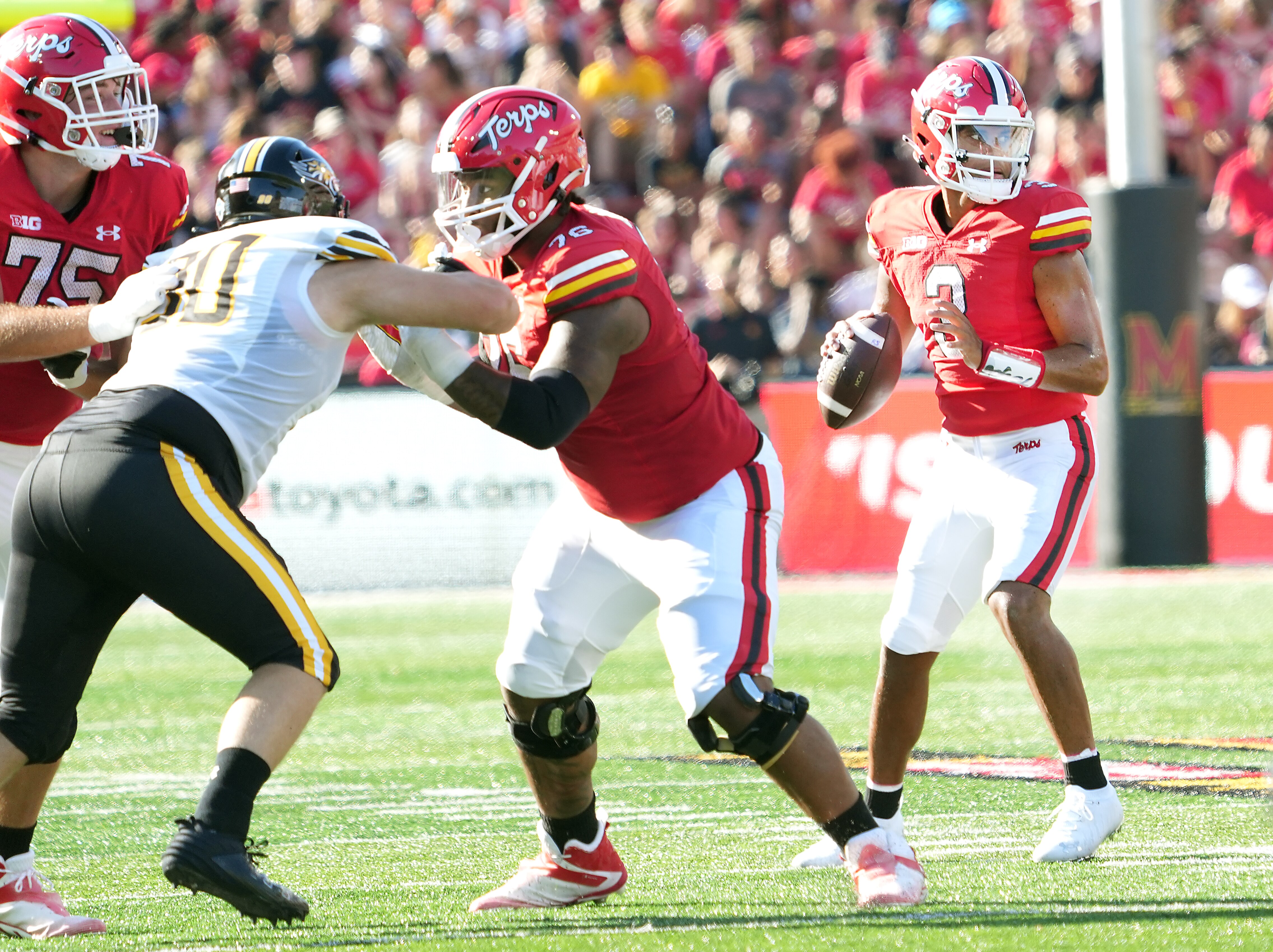 The Terps are going to need their offensive line to do a better job of protecting Taulia Tagovailoa than it did in the opening game against Towson on Saturday. (Kirk McKoy/The Baltimore Banner)