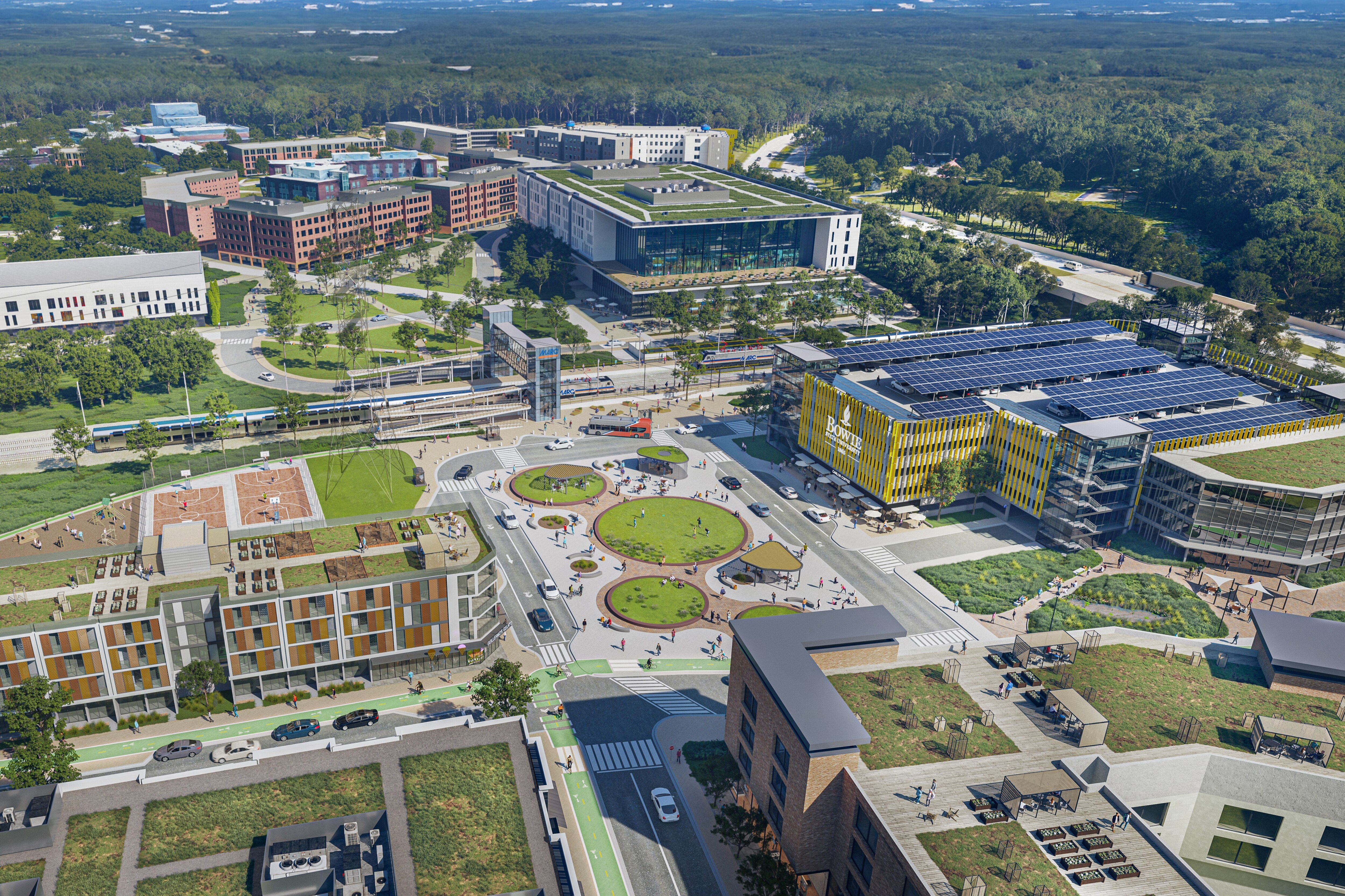 A birds eye view of a college campus.