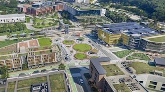 A birds eye view of a college campus.