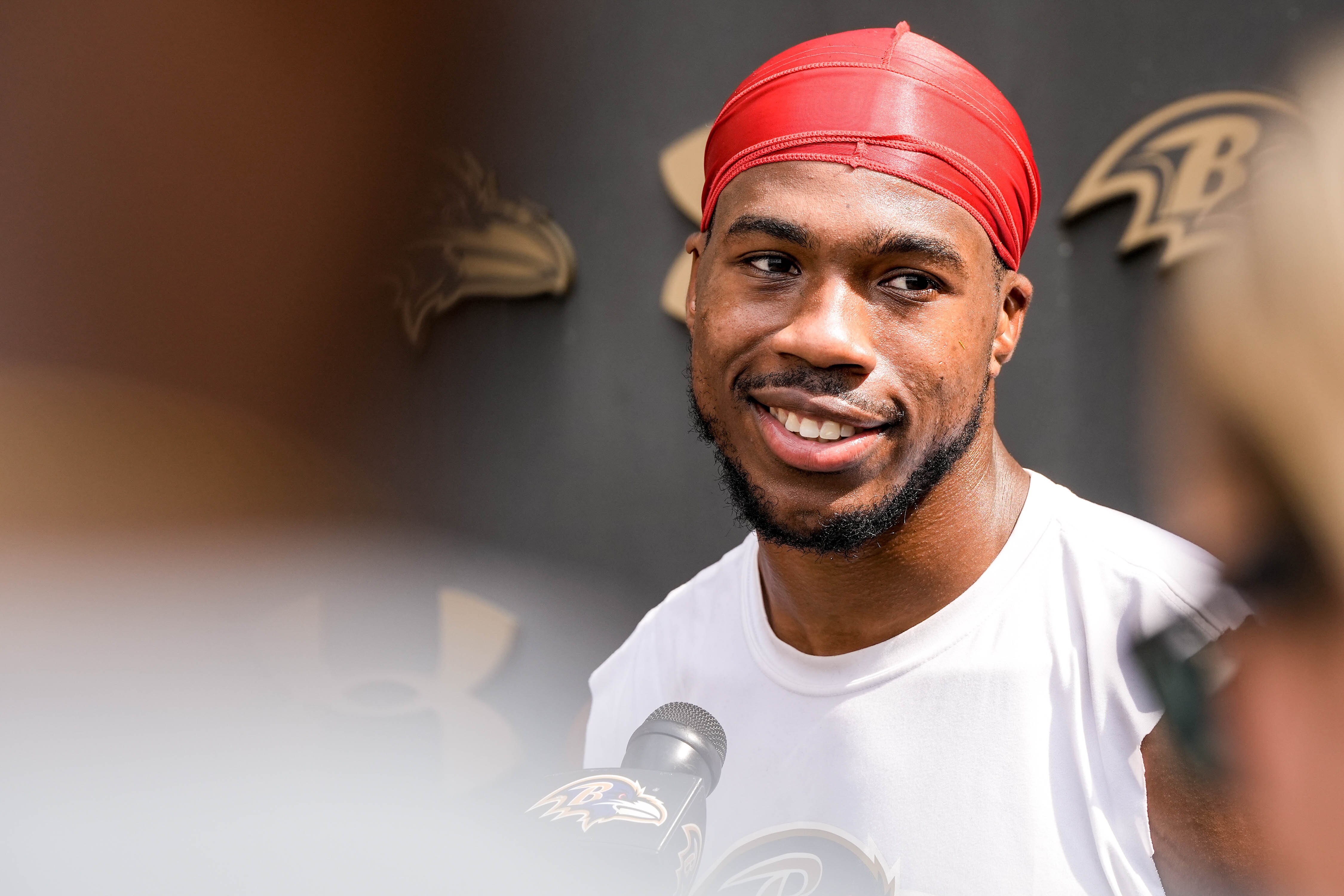 Ravens safety Marcus Williams speaks at a press conference after the Ravens practice in Owings Mills on July 27, 2023.