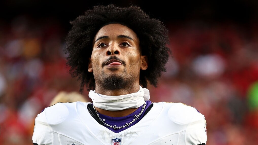 KANSAS CITY, MO - SEPTEMBER 5: Nate Wiggins #2 of the Baltimore Ravens stands in the end zone during the national anthem prior to an NFL football game against the Kansas City Chiefs at GEHA Field at Arrowhead Stadium on September 5, 2024 in Kansas City, Missouri. (Photo by Kevin Sabitus/Getty Images)