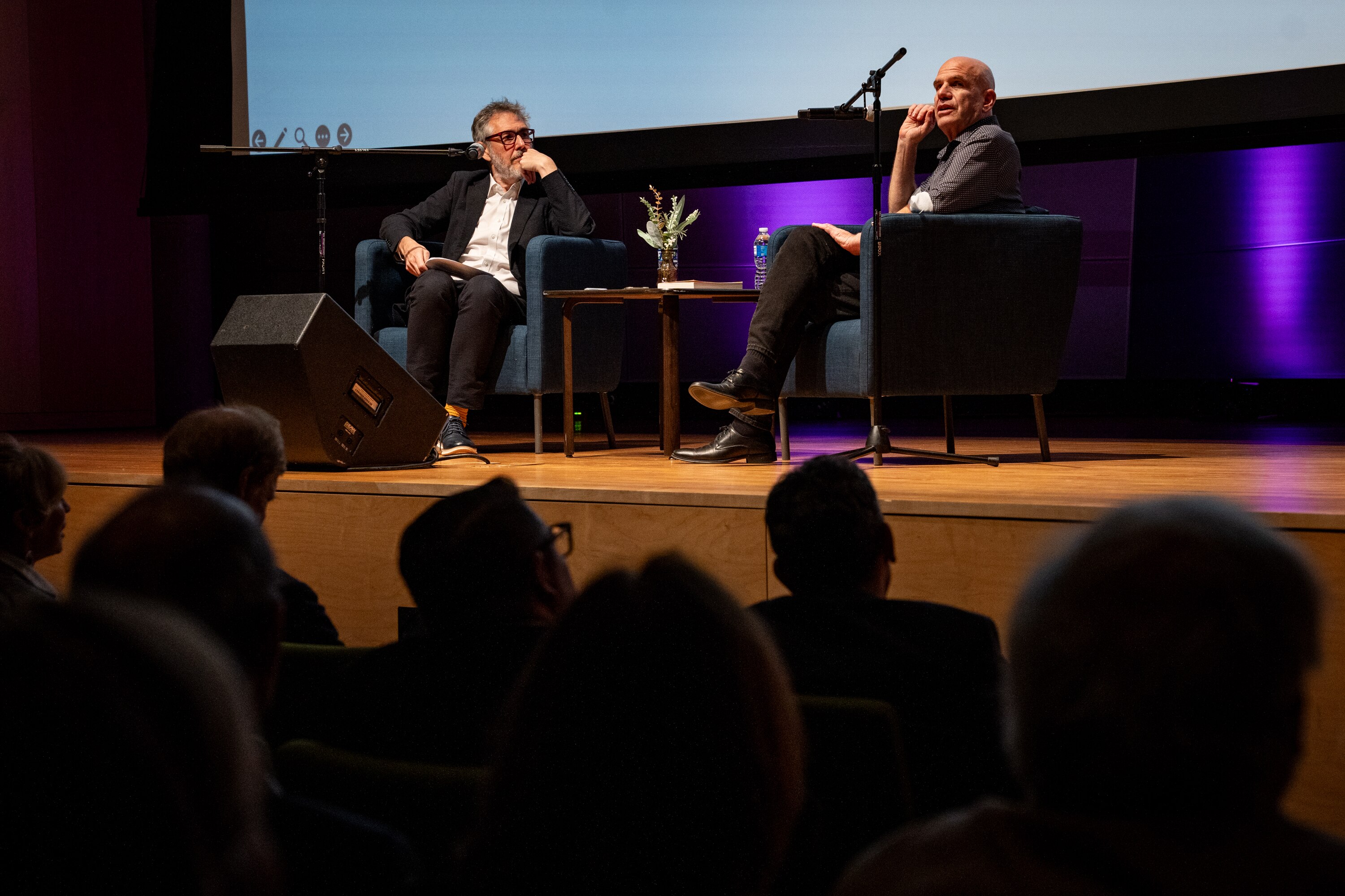 Ira Glass and David Simon in conversation at the MICA Brown Center in Baltimore on Tuesday evening.