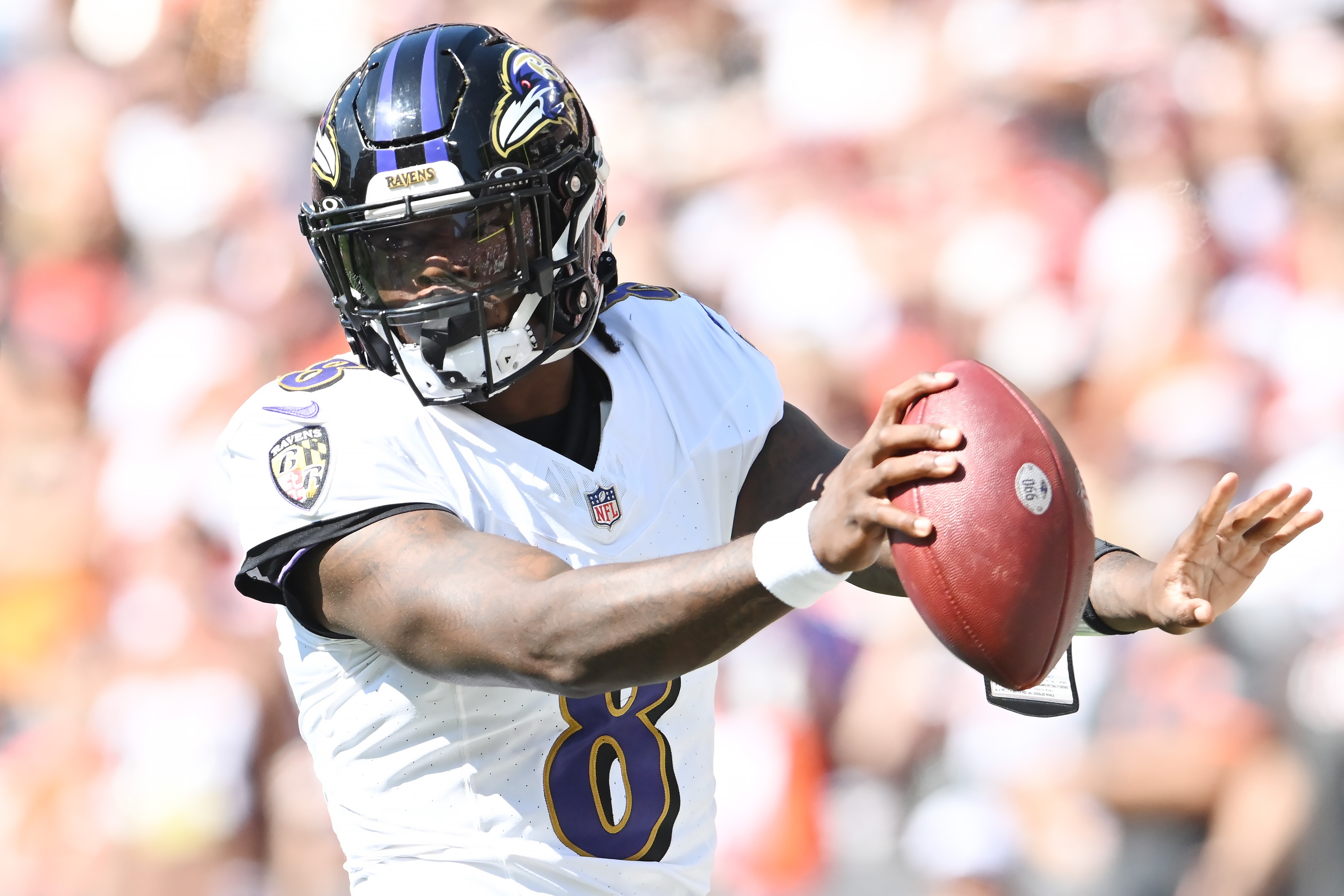 Lamar Jackson #8 of the Baltimore Ravens celebrates while scoring a rushing touchdown during the first quarter against the Cleveland Browns at Cleveland Browns Stadium on October 01, 2023 in Cleveland, Ohio.