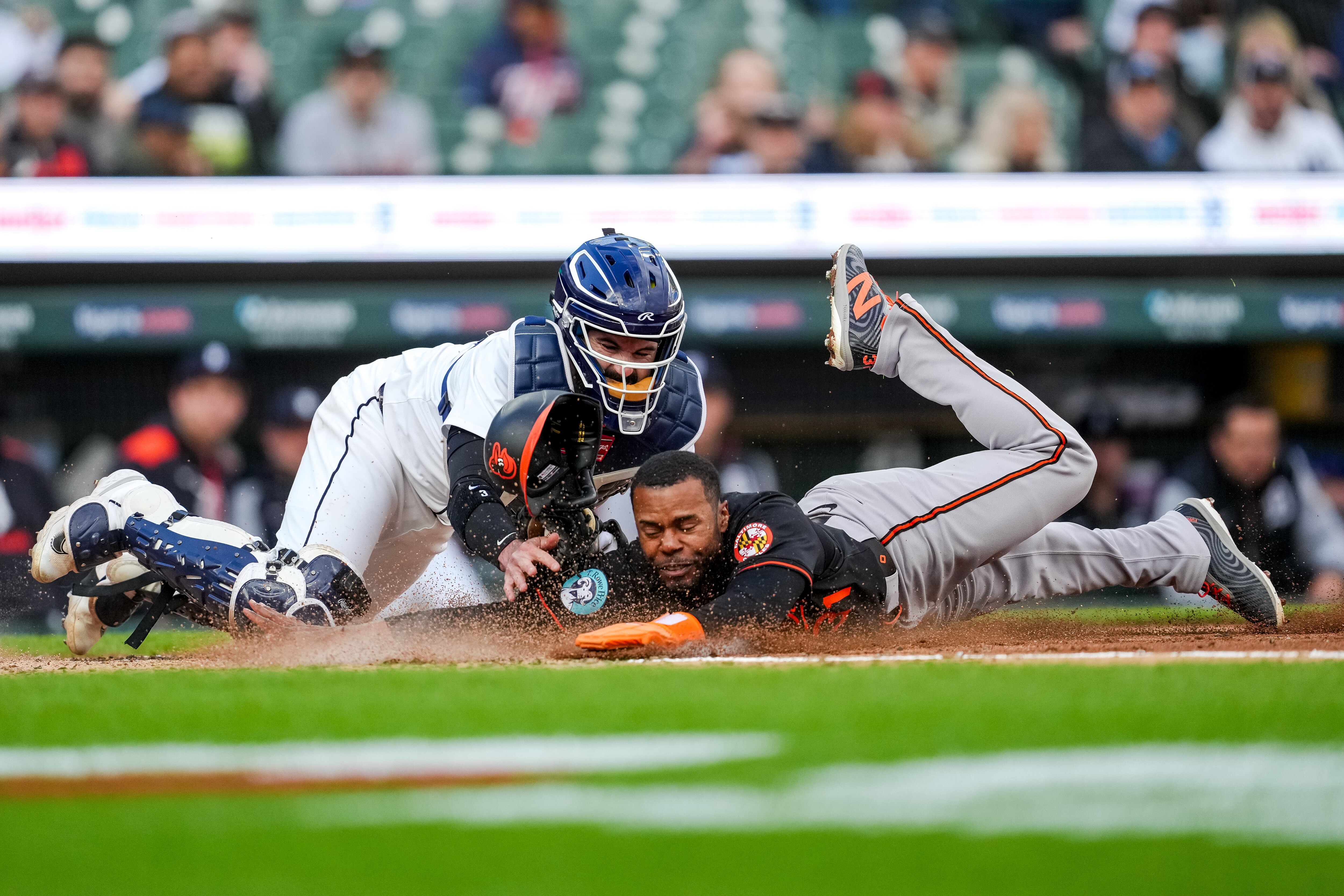 Cedric Mullins of the Orioles is out at home as he is tagged by Tomás Nido of the Tigers during Game 2 of Saturday’s doubleheader.