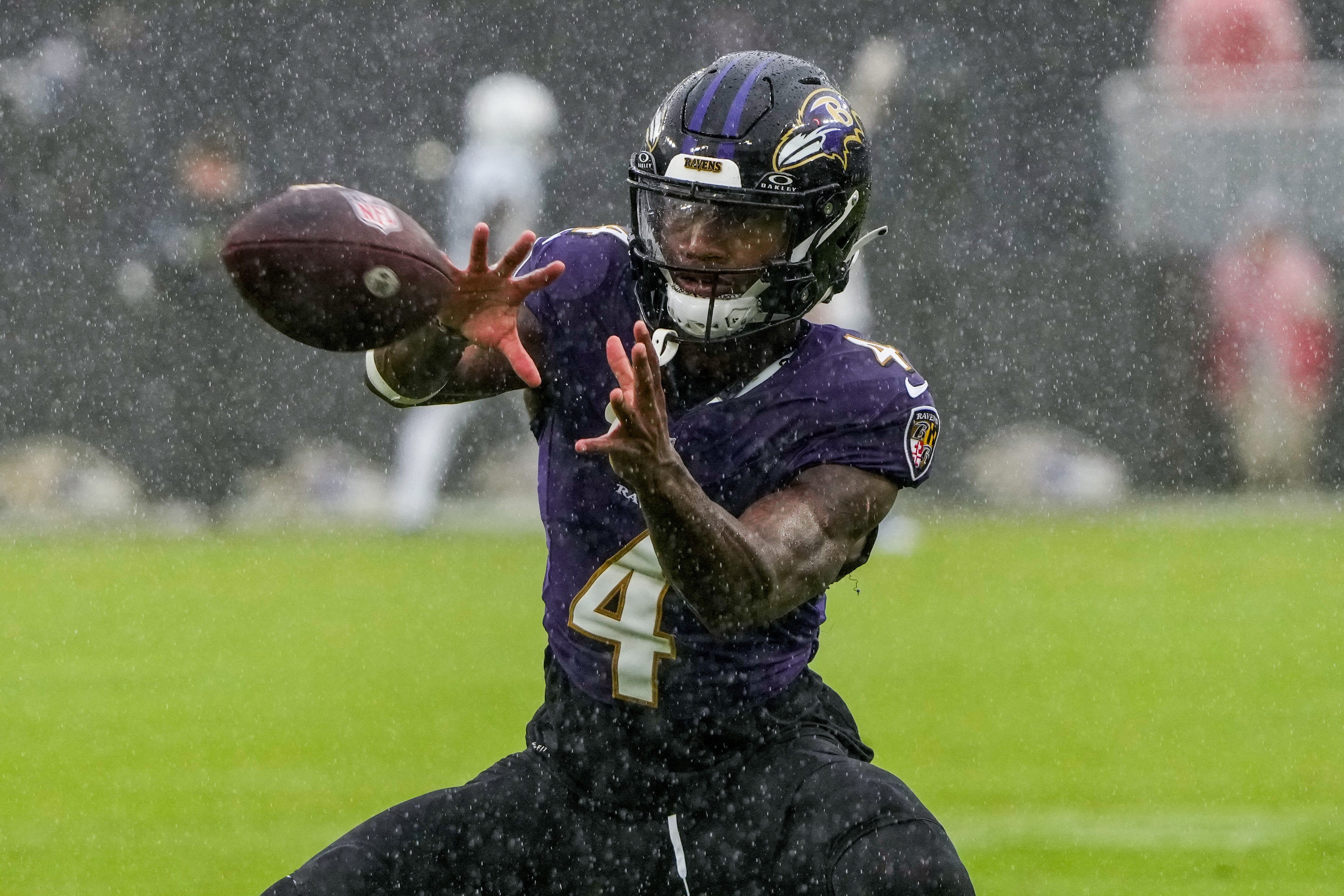 Baltimore Ravens wide receiver Zay Flowers (4) warms up before the game against the Indianapolis Colts at M&T Bank Stadium on Sunday, Sept. 24, 2023.