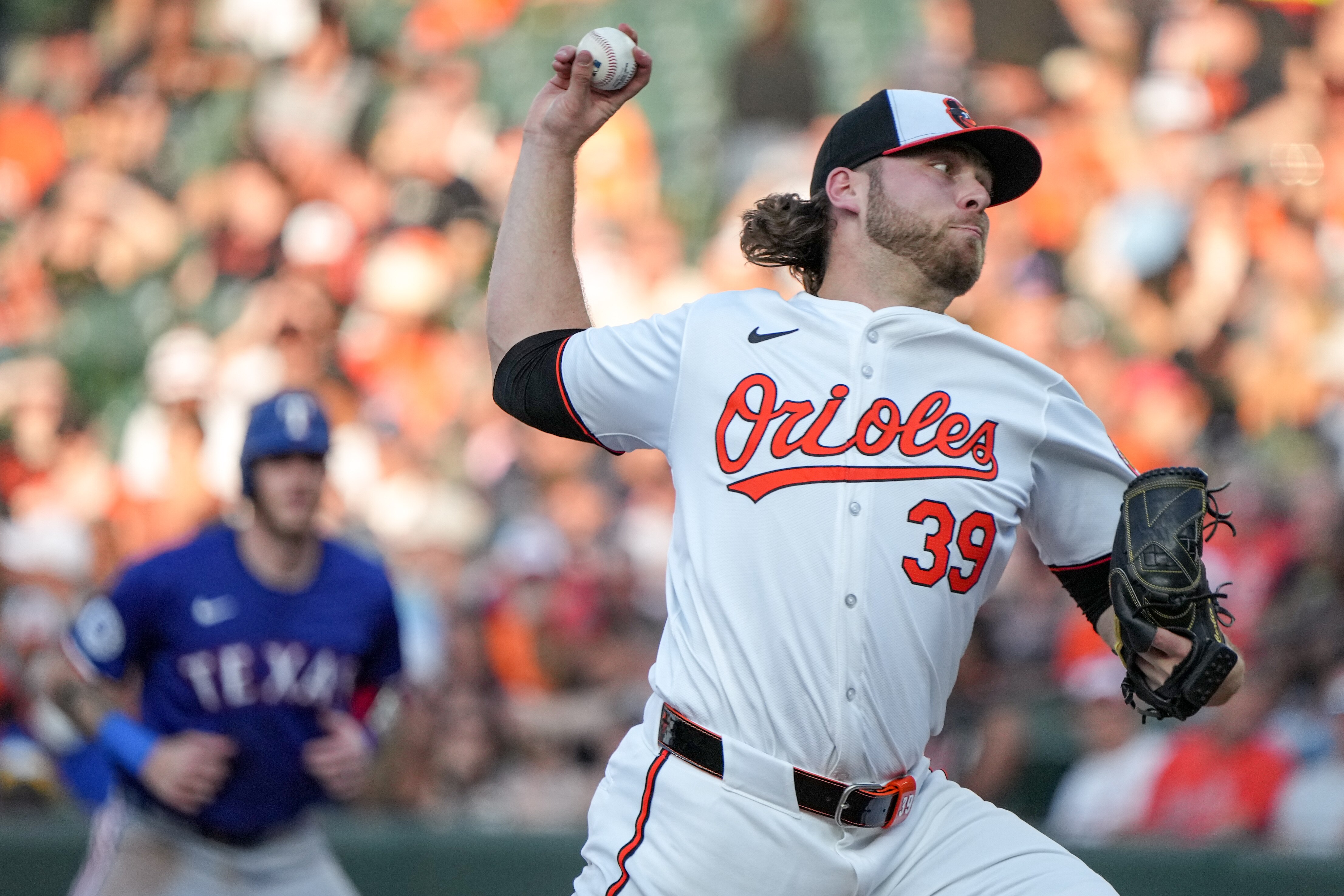 Baltimore Orioles pitcher Corbin Burnes (39) delivers a pitch in the first game of a series against the Texas Rangers at Camden Yards on June 27.
