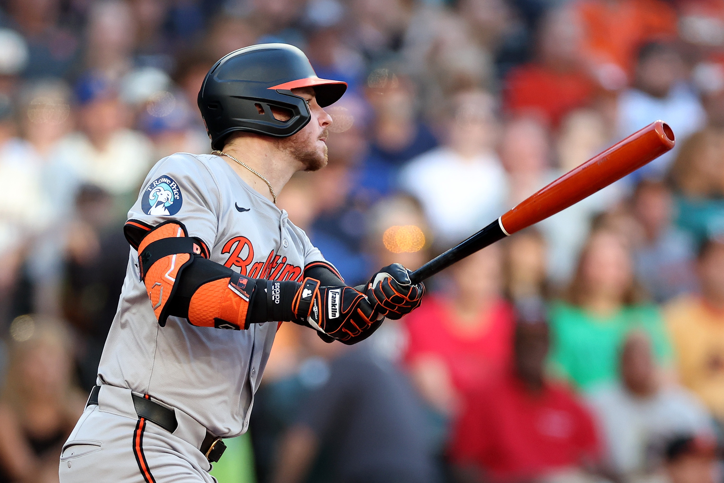 Ryan O’Hearn watches his two-run double in the third inning Wednesday night in Seattle.