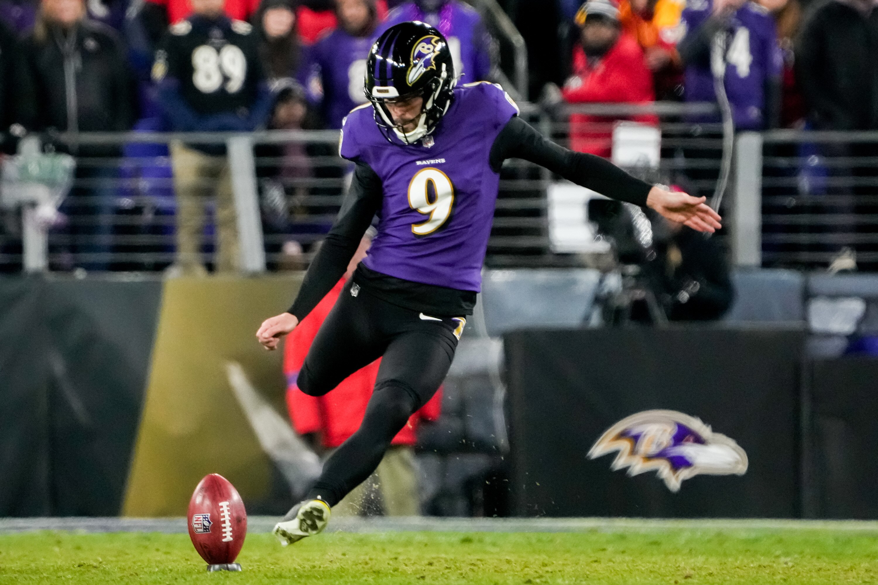 Justin Tucker of the Ravens kicks off during the fourth quarter of the AFC championship game.