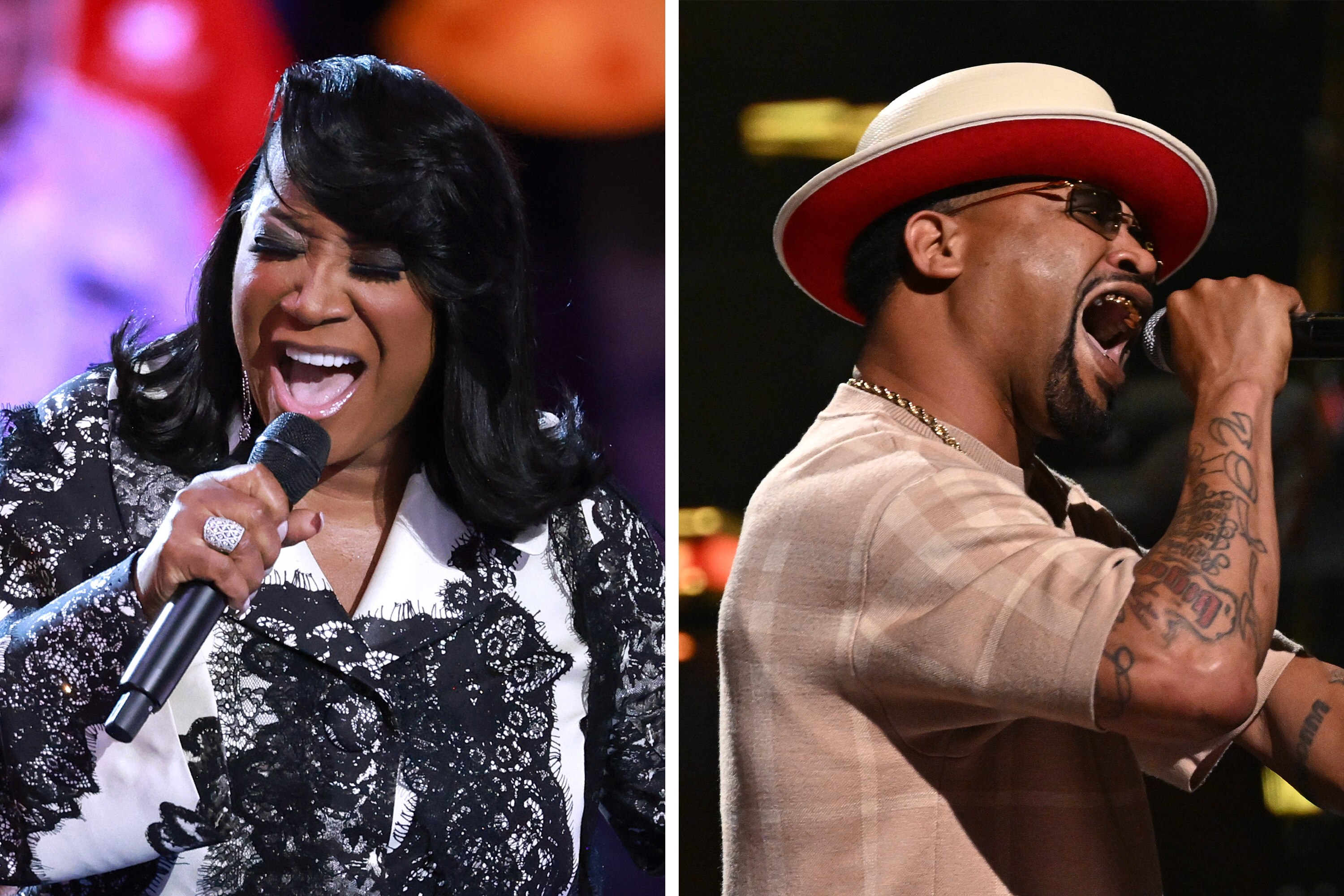 LEFT: Singer Patti LaBelle performs during the second day of the Democratic National Convention in Chicago, Illinois, on August 20, 2024.

RIGHT: Rapper Juvenile performs during the 8th Annual Black Music Honors in Atlanta, Ga., on May 19, 2023.