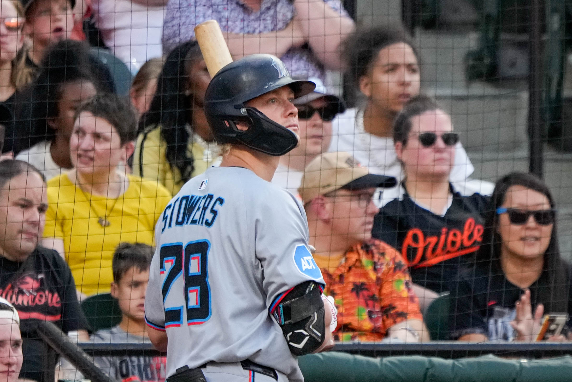 Marlins outfielder Kyle Stowers takes practice swings from the on-deck circle in the first inning of Friday’s game at Camden Yards. Stowers will represent the Marlins in the All-Star Game. 