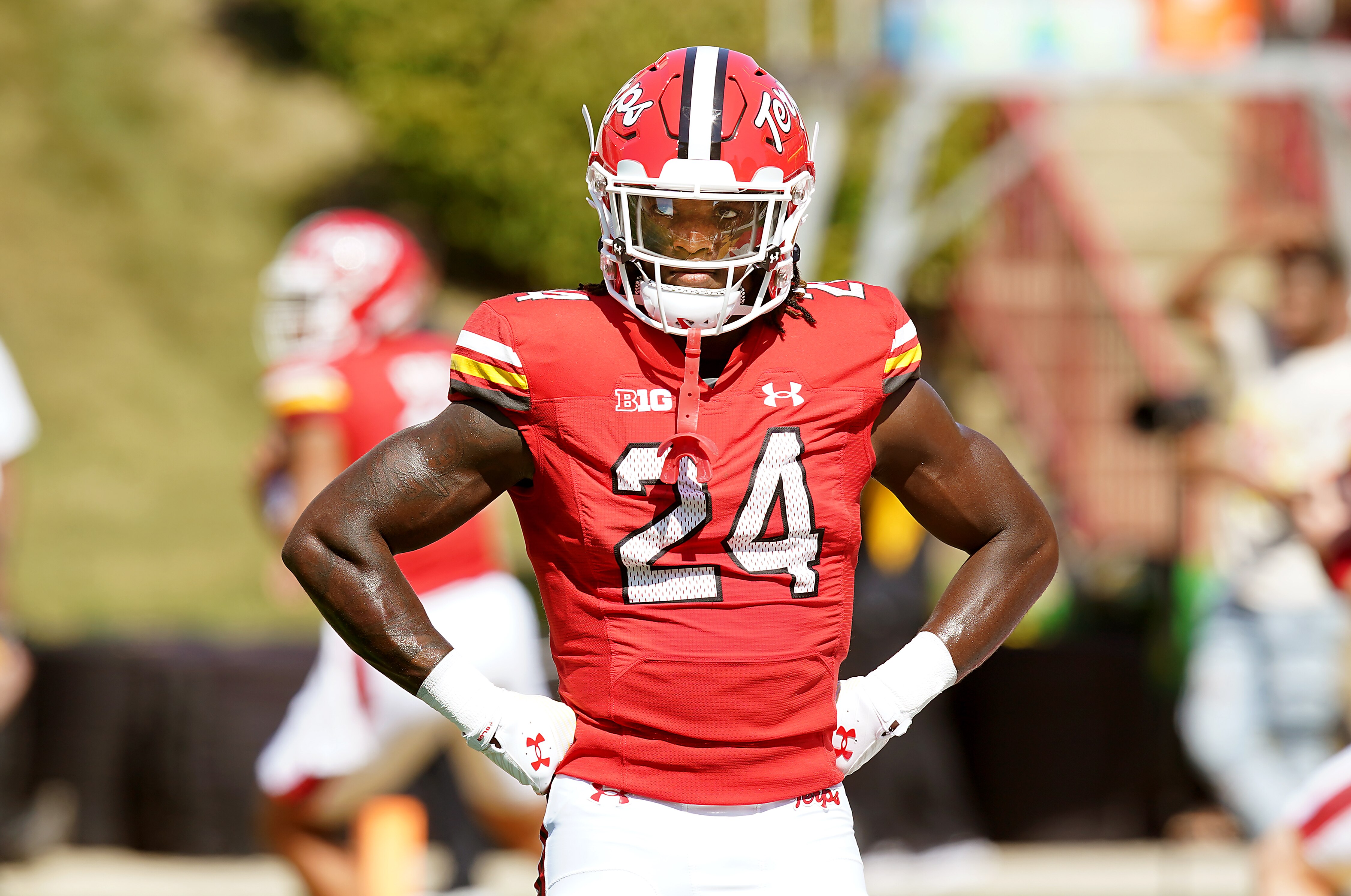 COLLEGE PARK, MD, SPET. 2 2023--University of Maryland's RB #24 Roman Hemby rushes up the middle during a 38-6 Victory over Towson University..
