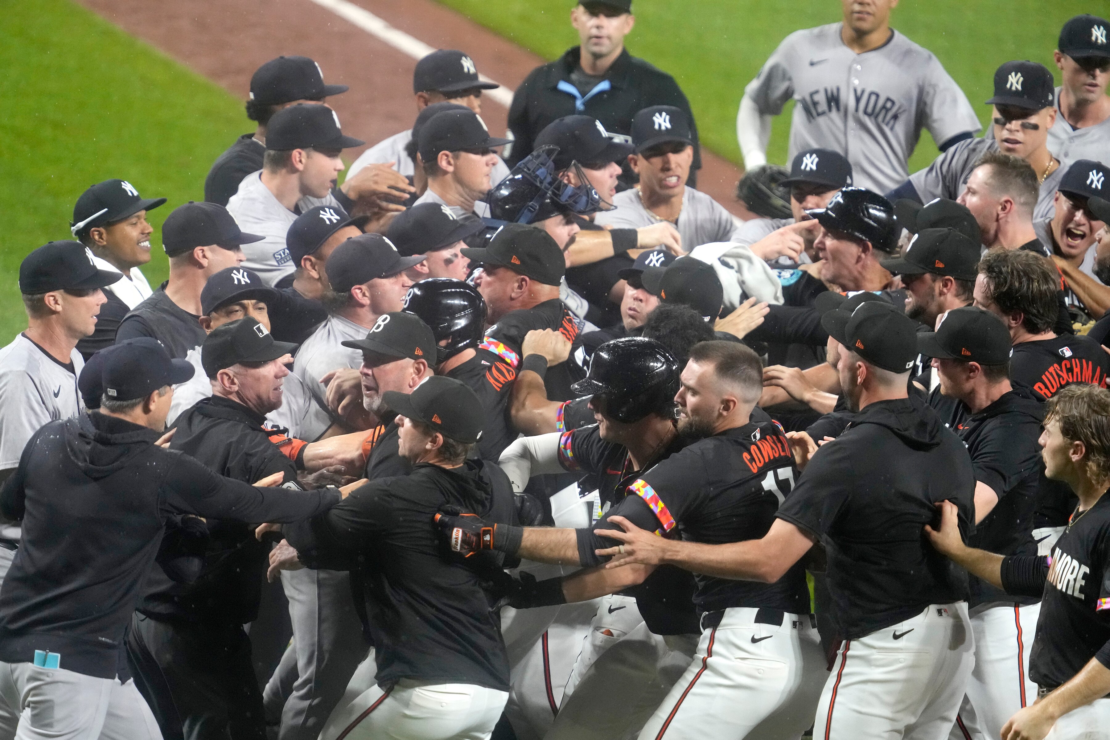 Benches cleared after Heston Kjerstad was hit by a pitch against the New York Yankees in July.
