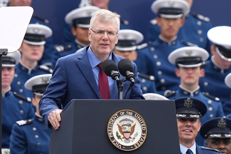 Secretary of the Air Force Troy Meink speaks during the United States Air Force Academy Graduation Ceremony at Falcon Stadium, Thursday, May 28, 2026, at the United States Air Force Academy in Colorado Springs, Colo.