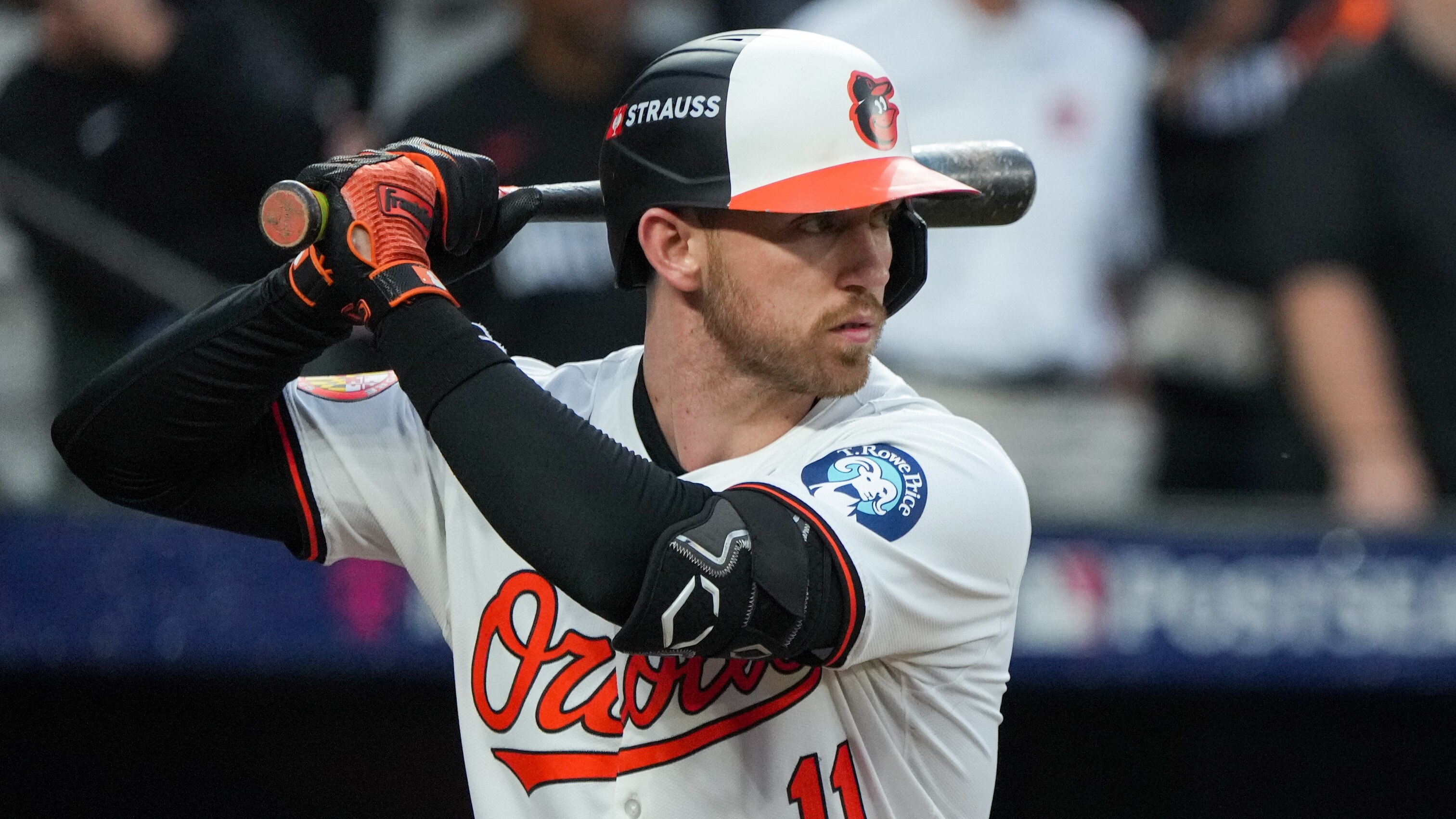 Baltimore Orioles third baseman Jordan Westburg (11) gets ready to swing during the first game of the Wild Card playoff round against the Kansas City Royals at Camden Yards in Baltimore on Tuesday, October 1, 2024.
