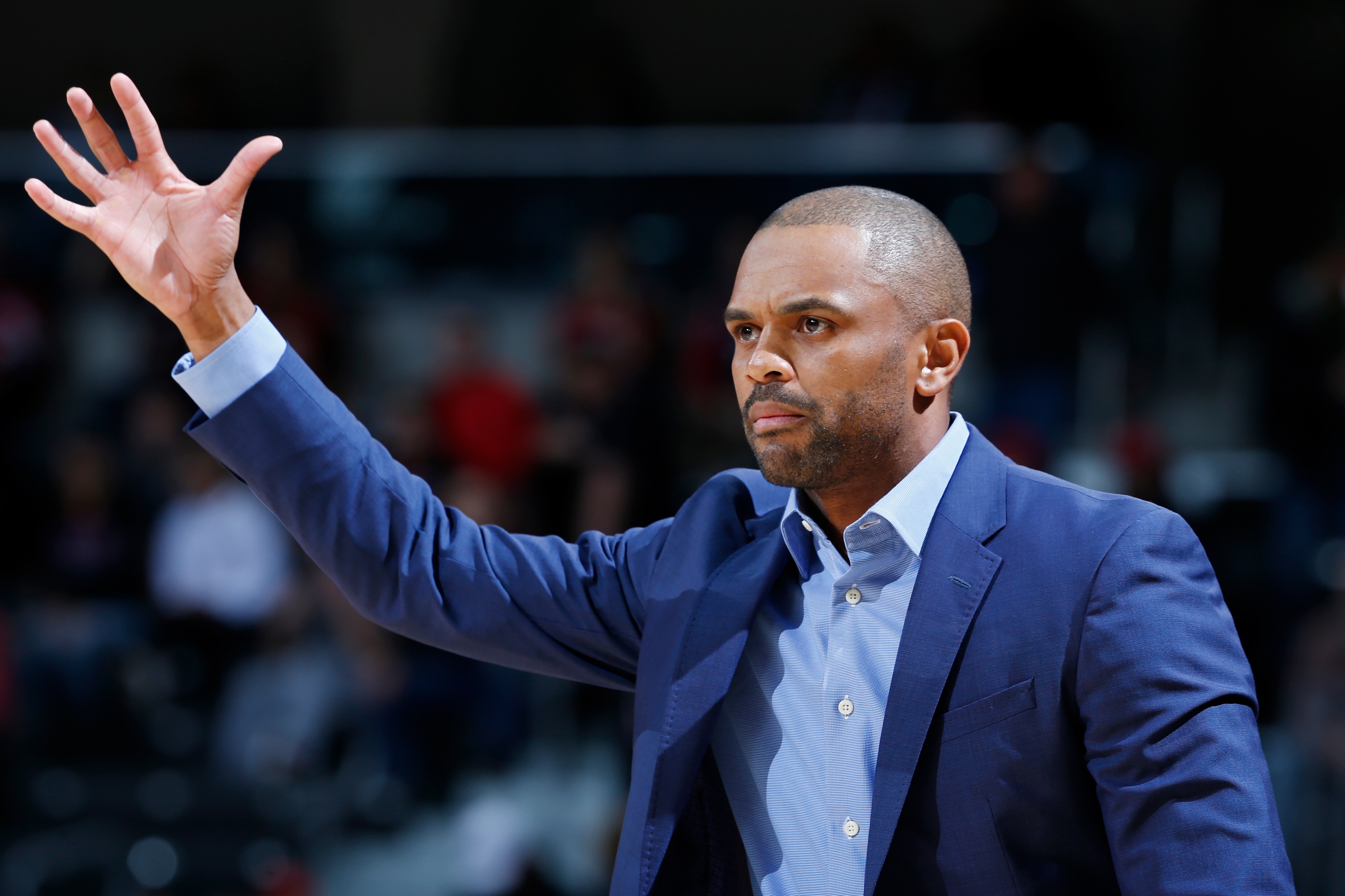 CINCINNATI, OH - NOVEMBER 16: Head coach Juan Dixon of the Coppin State Eagles reacts in the first half of a game against the Cincinnati Bearcats at BB&T Arena on November 16, 2017 in Highland Heights, Kentucky.