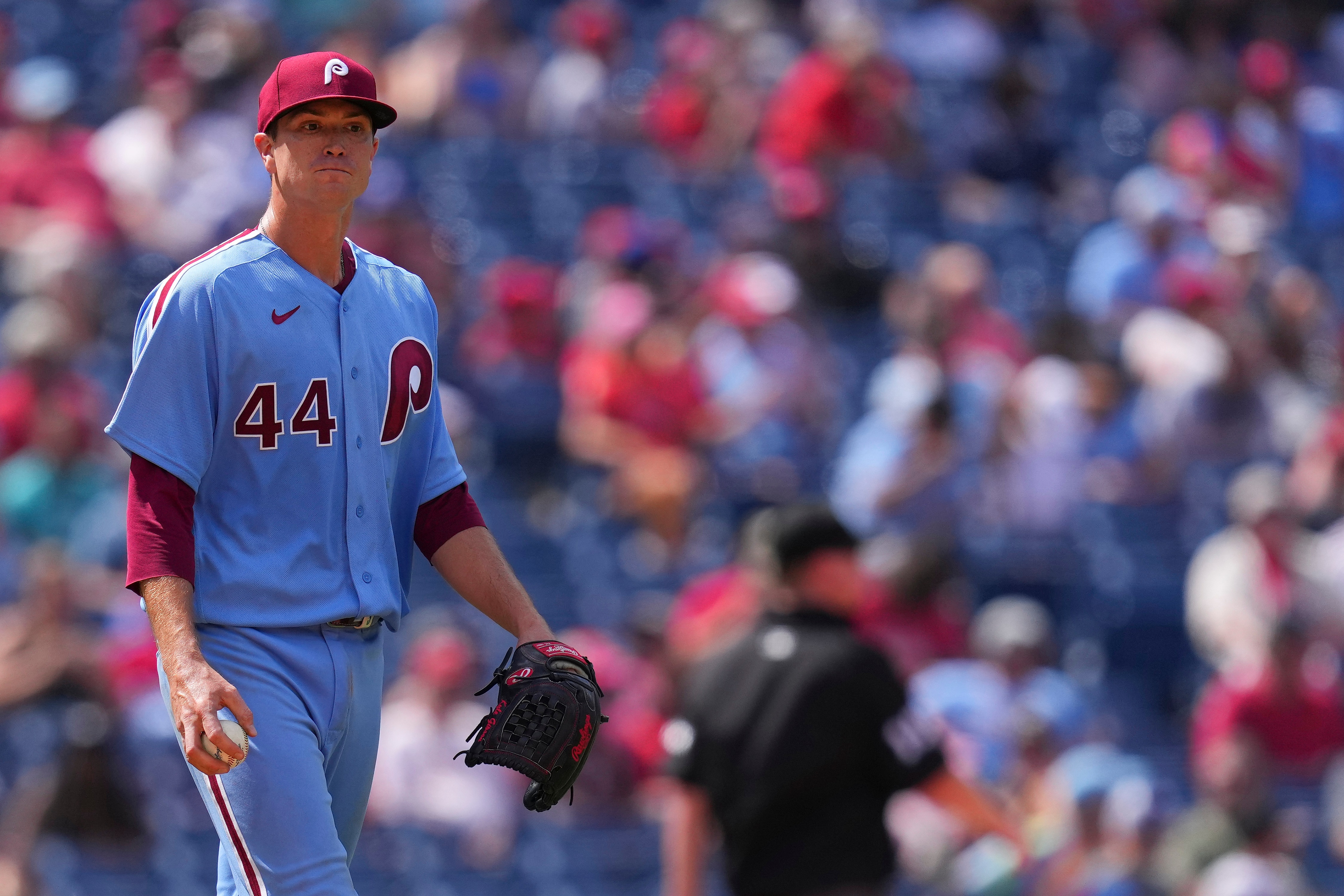 PHILADELPHIA, PA - AUGUST 11: Kyle Gibson #44 of the Philadelphia Phillies looks on in the bottom of the sixth inning against the Miami Marlins at Citizens Bank Park on August 11, 2022 in Philadelphia, Pennsylvania. The Marlins defeated the Phillies 3-0.