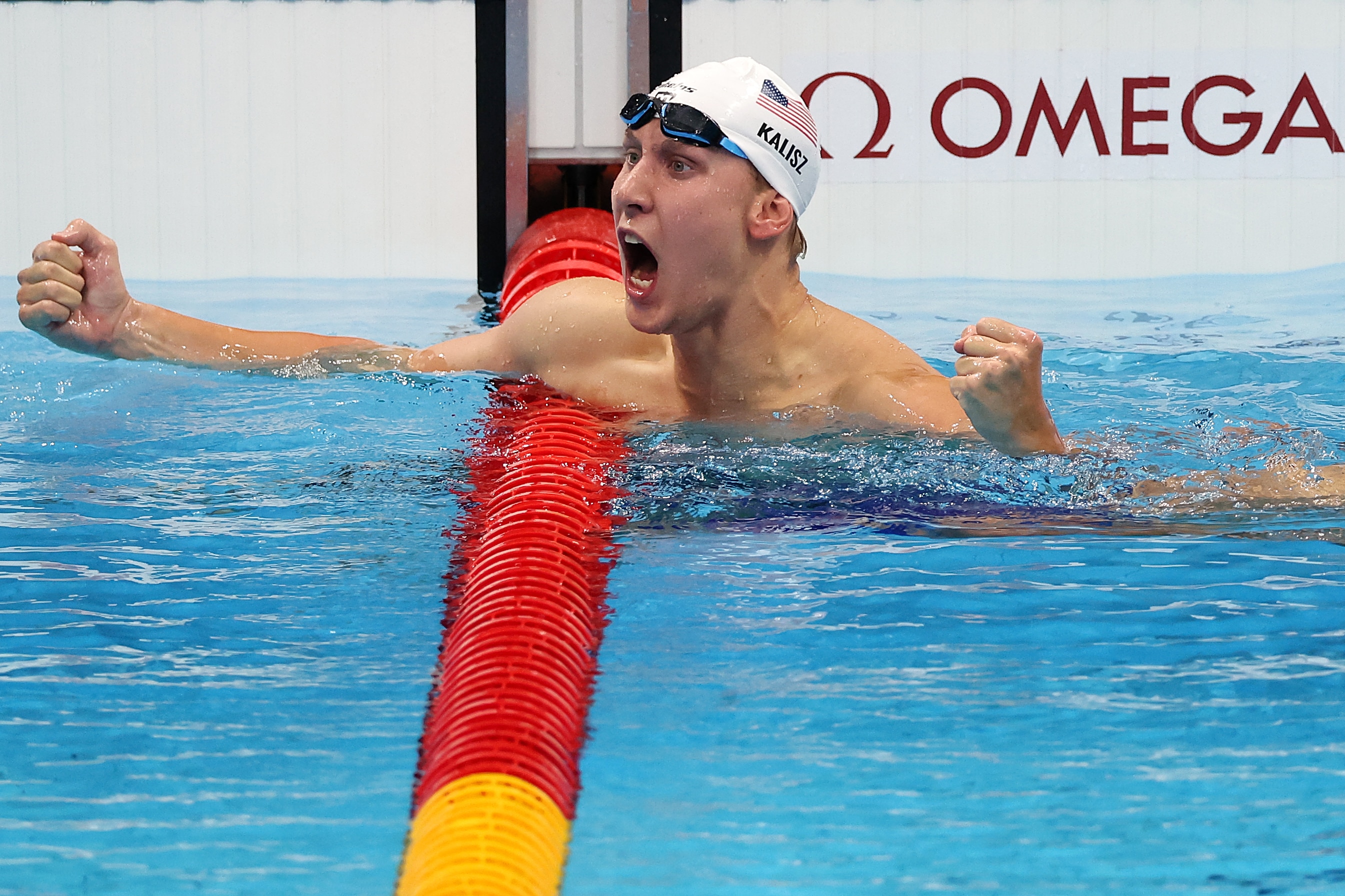 Chase Kalisz celebrates after winning the men’s 400 individual medley during the Tokyo Olympics.
