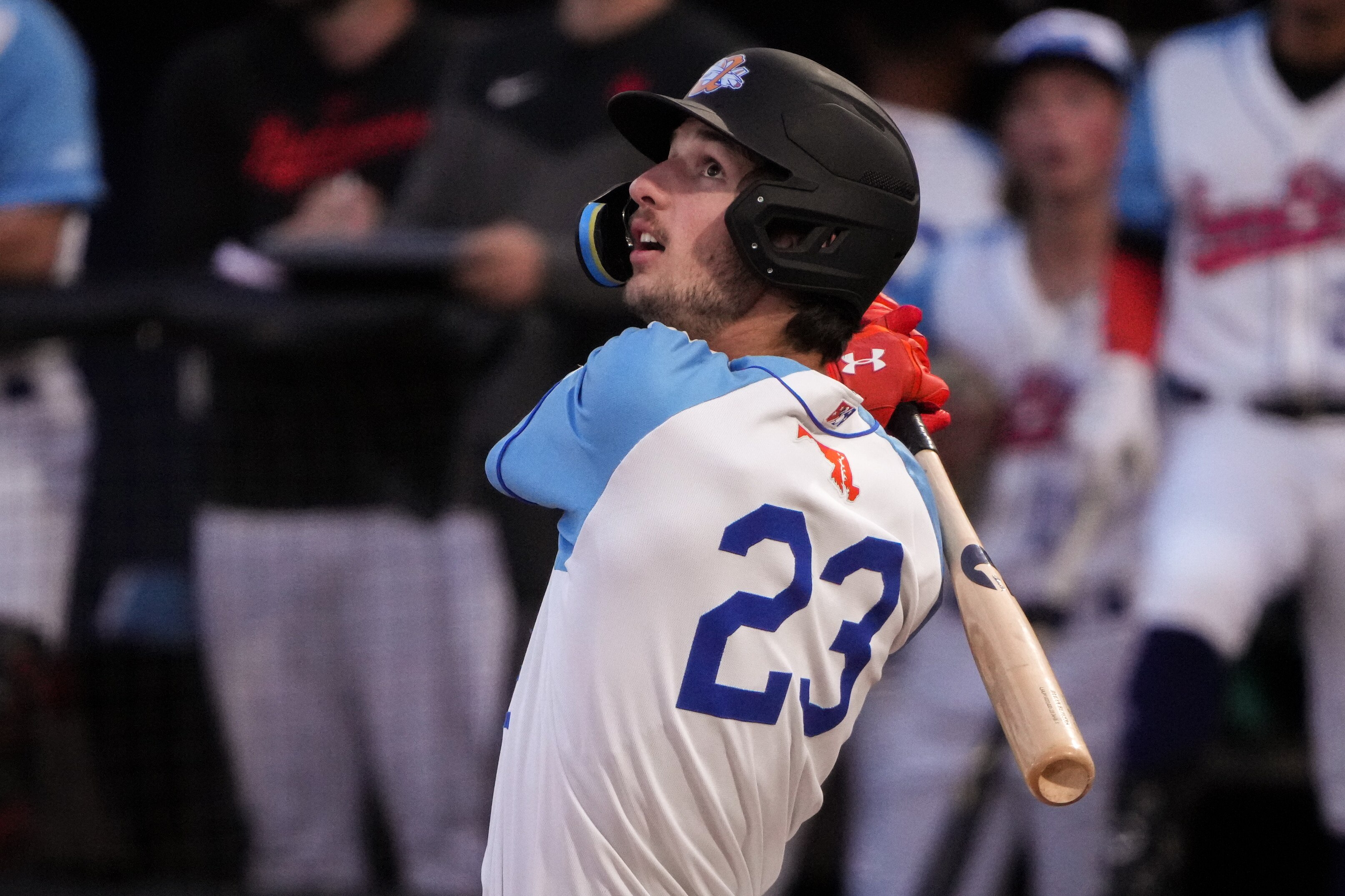 Aberdeen IronBirds outfielder Dylan Beavers (23) watches a foul ball fly up in a game against the Hudson Valley Renegades at Leidos Field at Ripken Stadium on Tuesday, May 9. This game against the Renegades was Jackson Holliday’s home debut for the IronBirds.