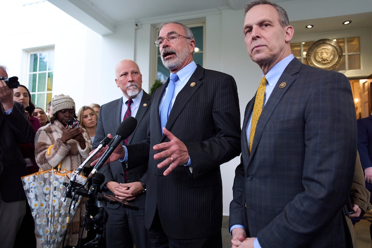 Chairman of the House Freedom Caucus Rep. Andy Harris, R-Md., speaks to reporters outside the White House after a meeting with President Donald Trump in March last year.