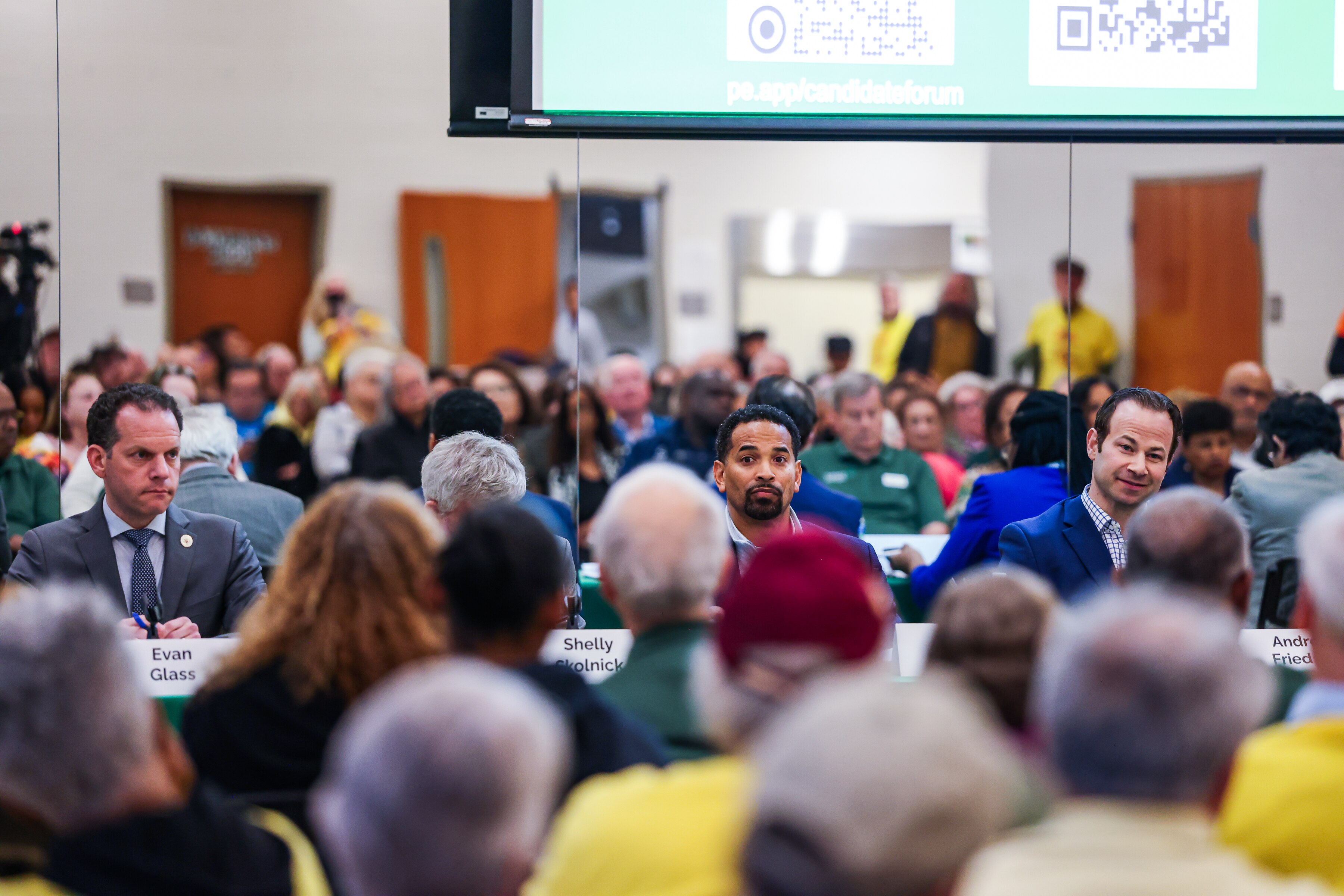 Montgomery County Council members Evan Glass, Will Jawando, and Andrew Friedson during the “Reimagining White Oak: Montgomery County Executive Candidate Forum” in Silver Spring in April.