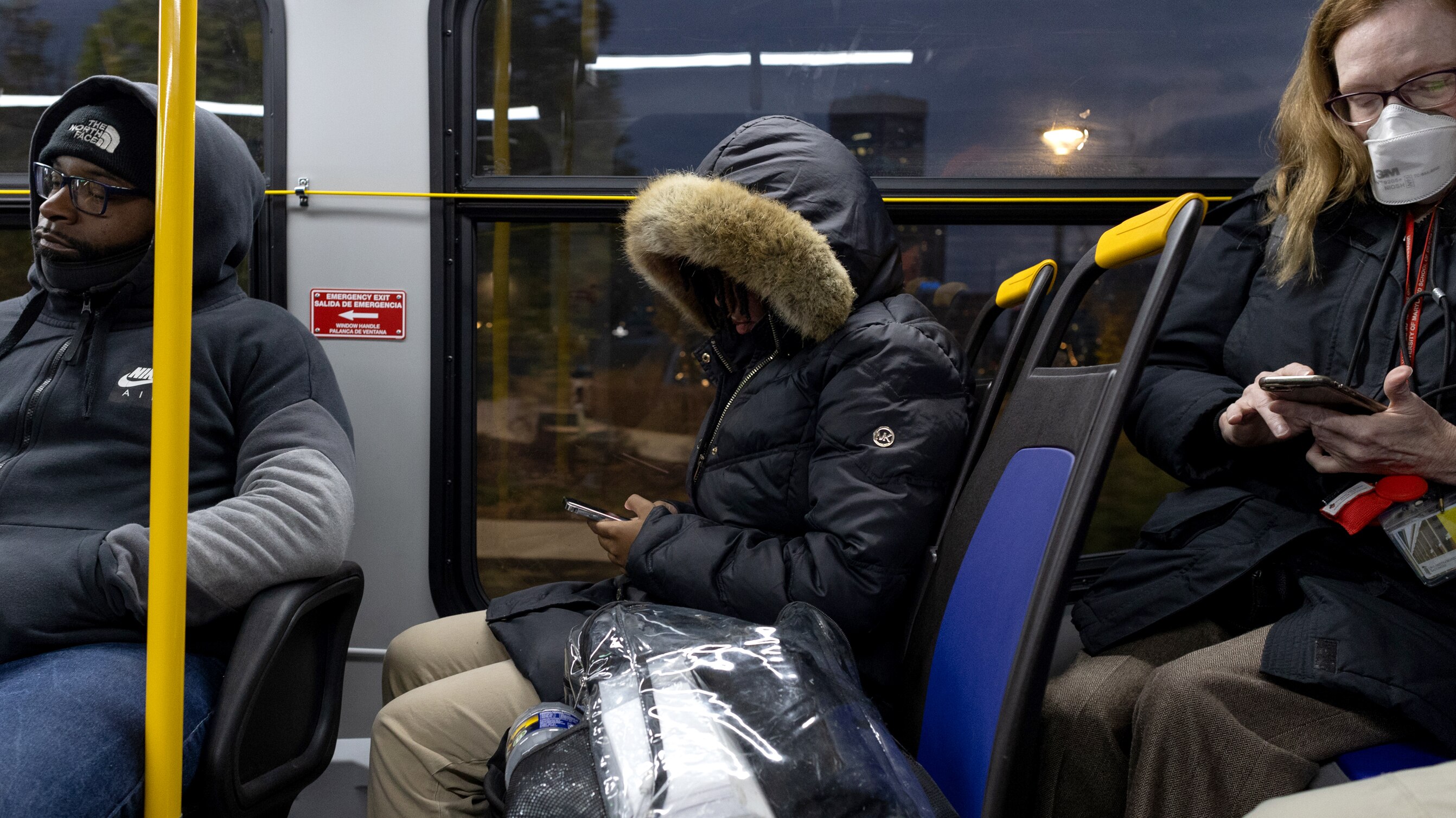A’Nya Lucas, a senior at Mergenthaler Vocational-Technical High School, rides the bus across Baltimore, MD on Nov. 14, 2024. Lucas’ bus ride takes over an hour.
