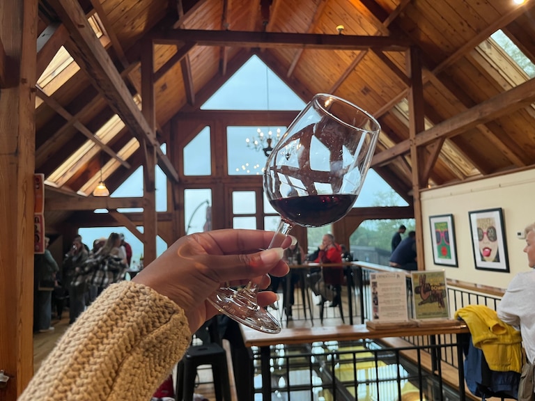 Blenheim Vineyards sits on the Monticello Wine Trail with portions of glass in the floorboards to view the winemaking process.