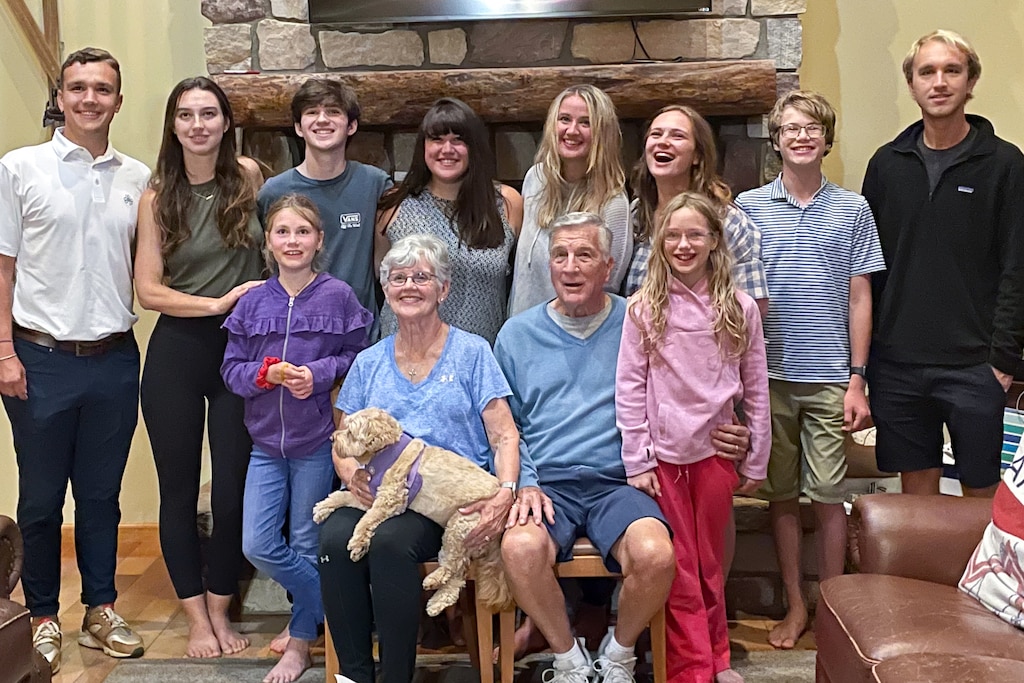 Jim Morgan with his wife, Bernice, and their grandchildren.