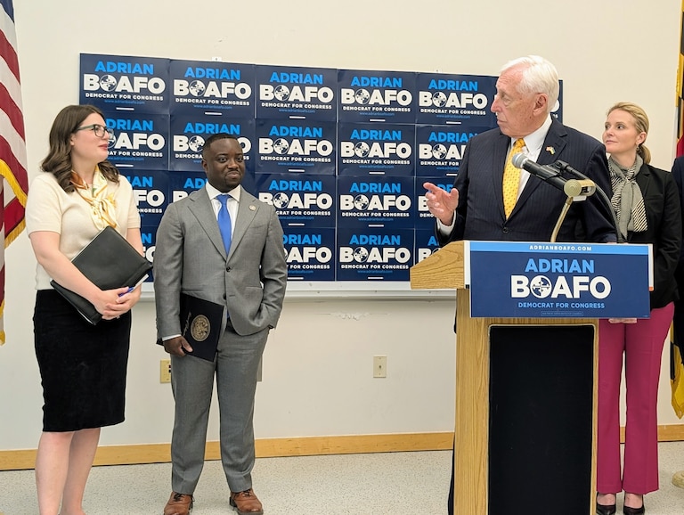 U.S. Reps. Steny Hoyer, right, and Sarah Elfreth endorse Del. Adrian Boafo, center, on April 24, 2026 for Congress in the 5th District. U.S. Sen Van Hollen warned voters on June 4 that special-interest groups support him.