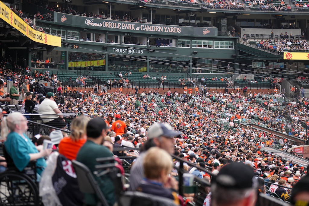 Baltimore Orioles fans in their seats take in the sights and sounds of the eighth inning of a baseball game against the Tampa Bay Rays at Oriole Park at Camden Yards in Baltimore, Md. on Monday, May 25, 2026.