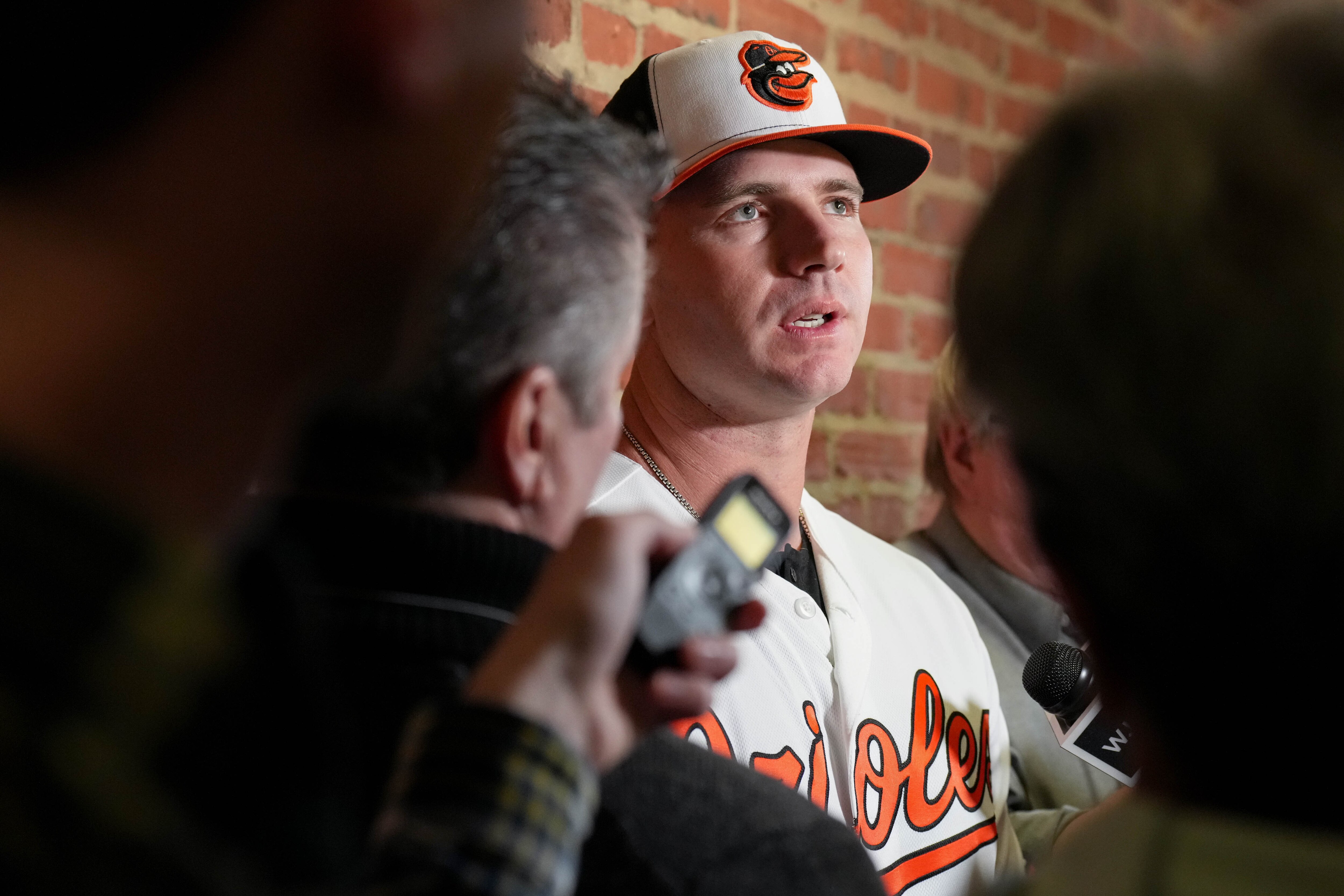 Baltimore Orioles first baseman Pete Alonso takes questions at an event in the Oriole Park warehouse at Camden Yards in Baltimore last month.