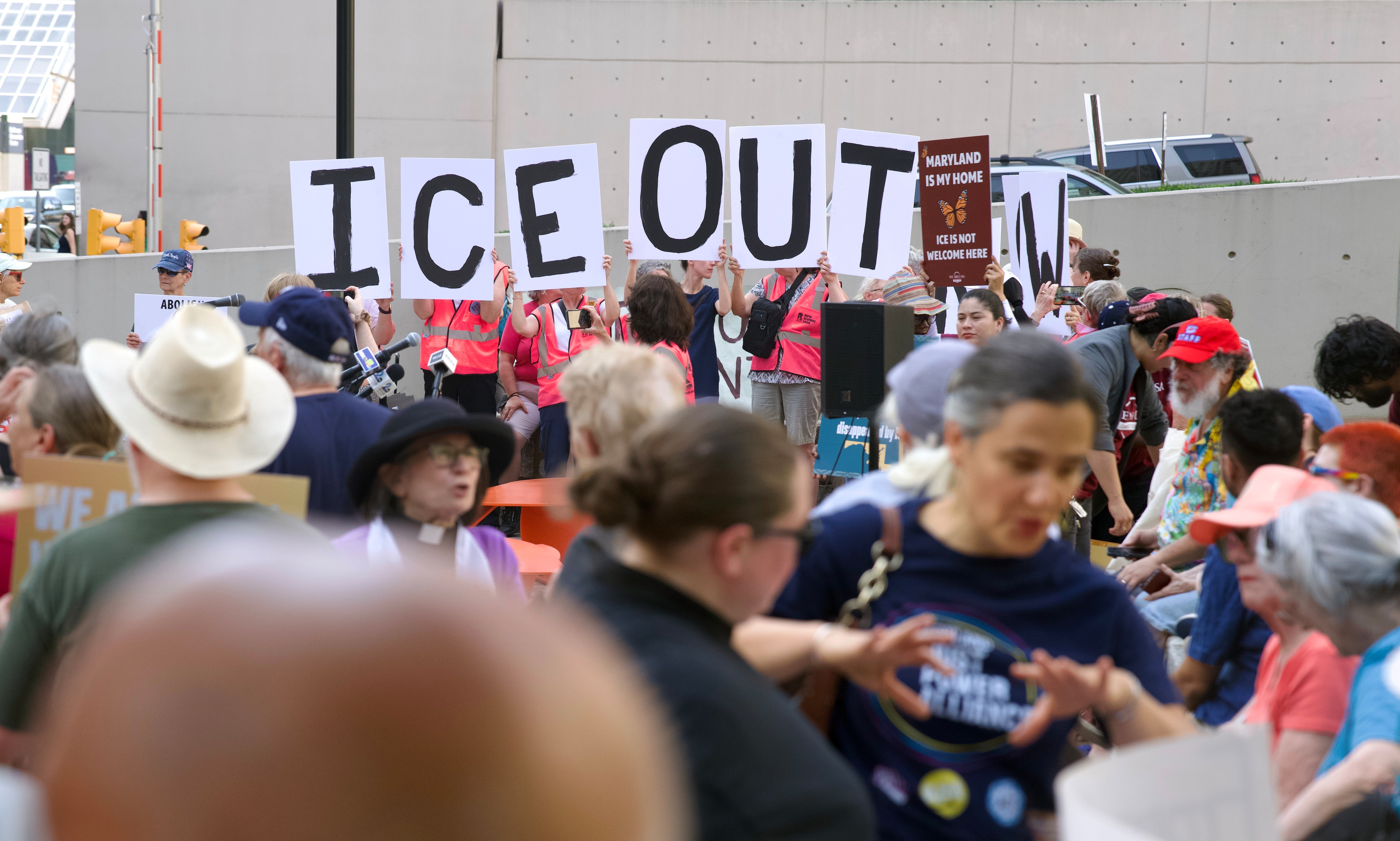 July 2, 2026 - Upwards of 100 protestors gathered outside of the United States District Courthouse to protest an ICE detention center in Howard County. A federal judge is expected to rule in the lawsuit case concerning the Elkridge ICE facility.