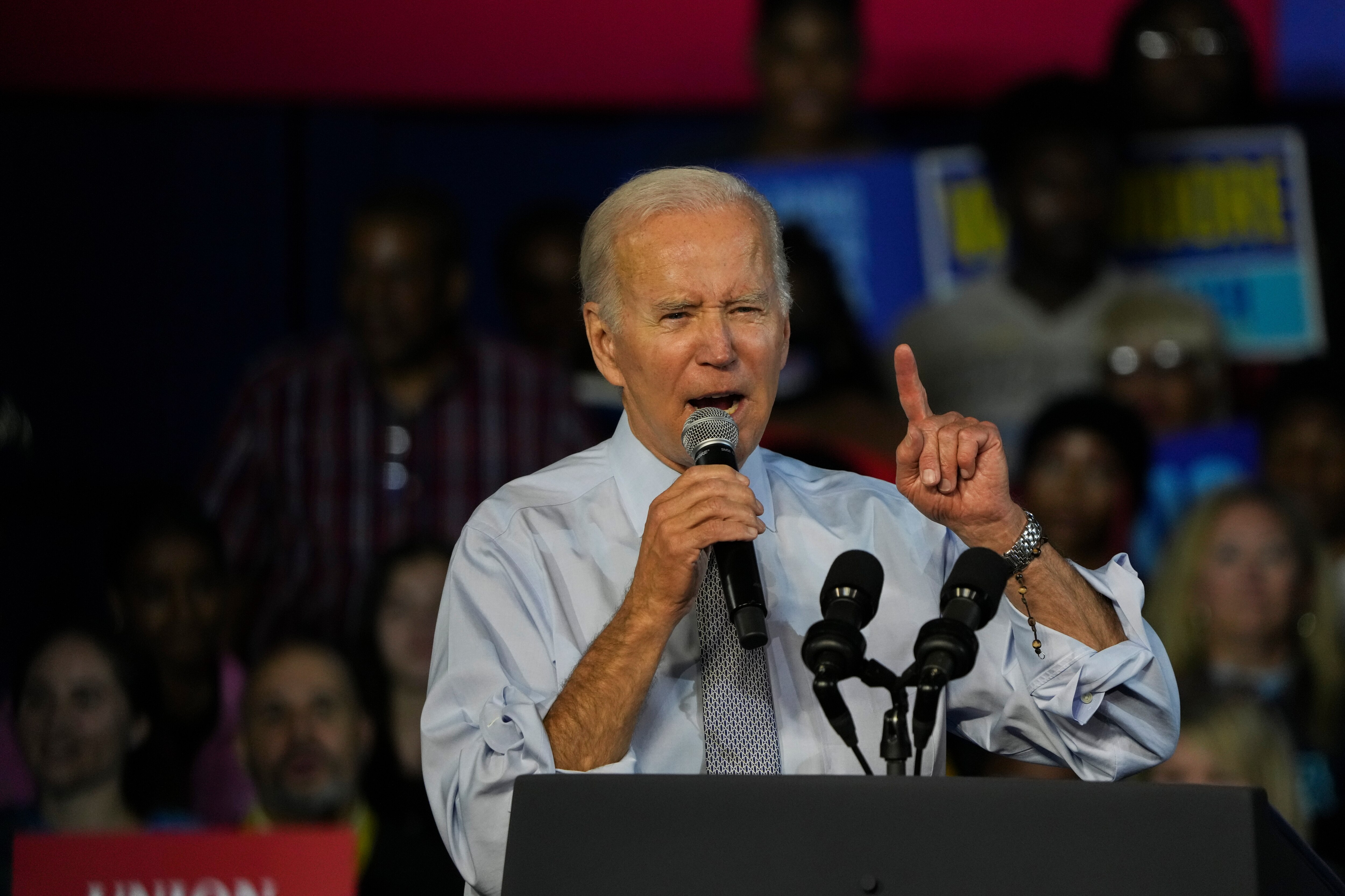 United States President Joe Biden takes the stage at a campaign event in support of Democratic gubernatorial candidate Wes Moore on 11/7/21 at Bowie State University, the night before the general election.