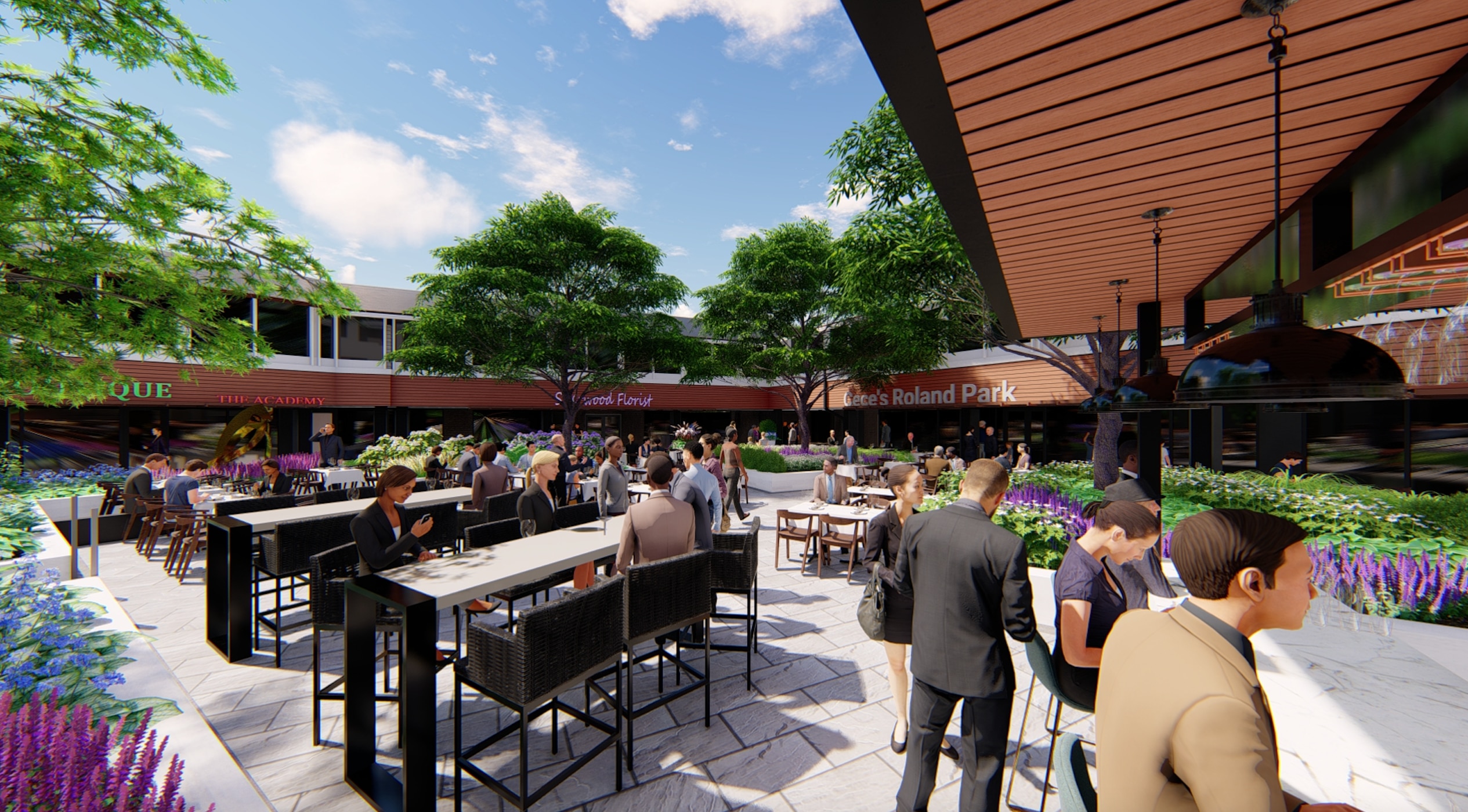 An artist’s rendering depicts the outdoor bar at Cece’s Roland Park, set to open next year.